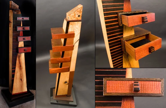 Three views of a wooden wine bottle holder with multiple slots for bottles, featuring a minimalist, modern design with contrasting wood tones and a black base.
