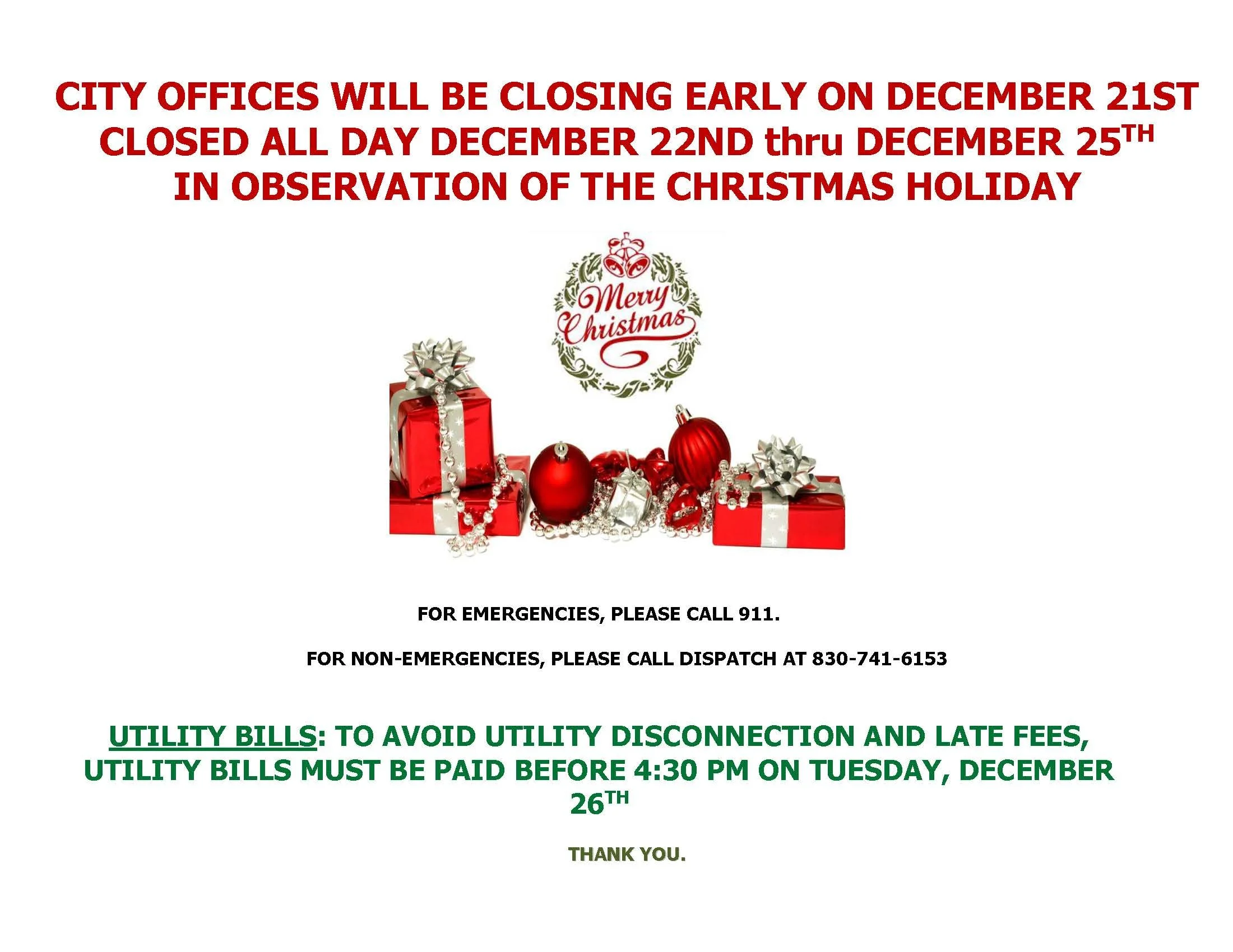 City Hall closed for the Holidays