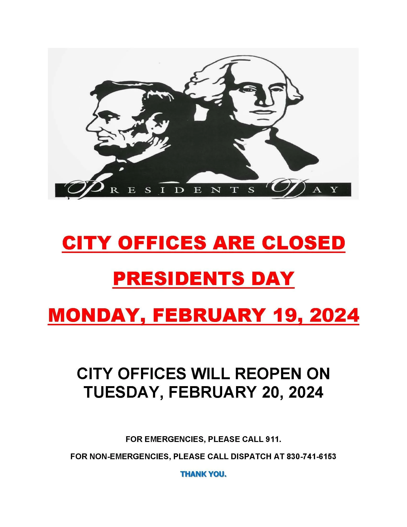 City Hall close for Presidents Day