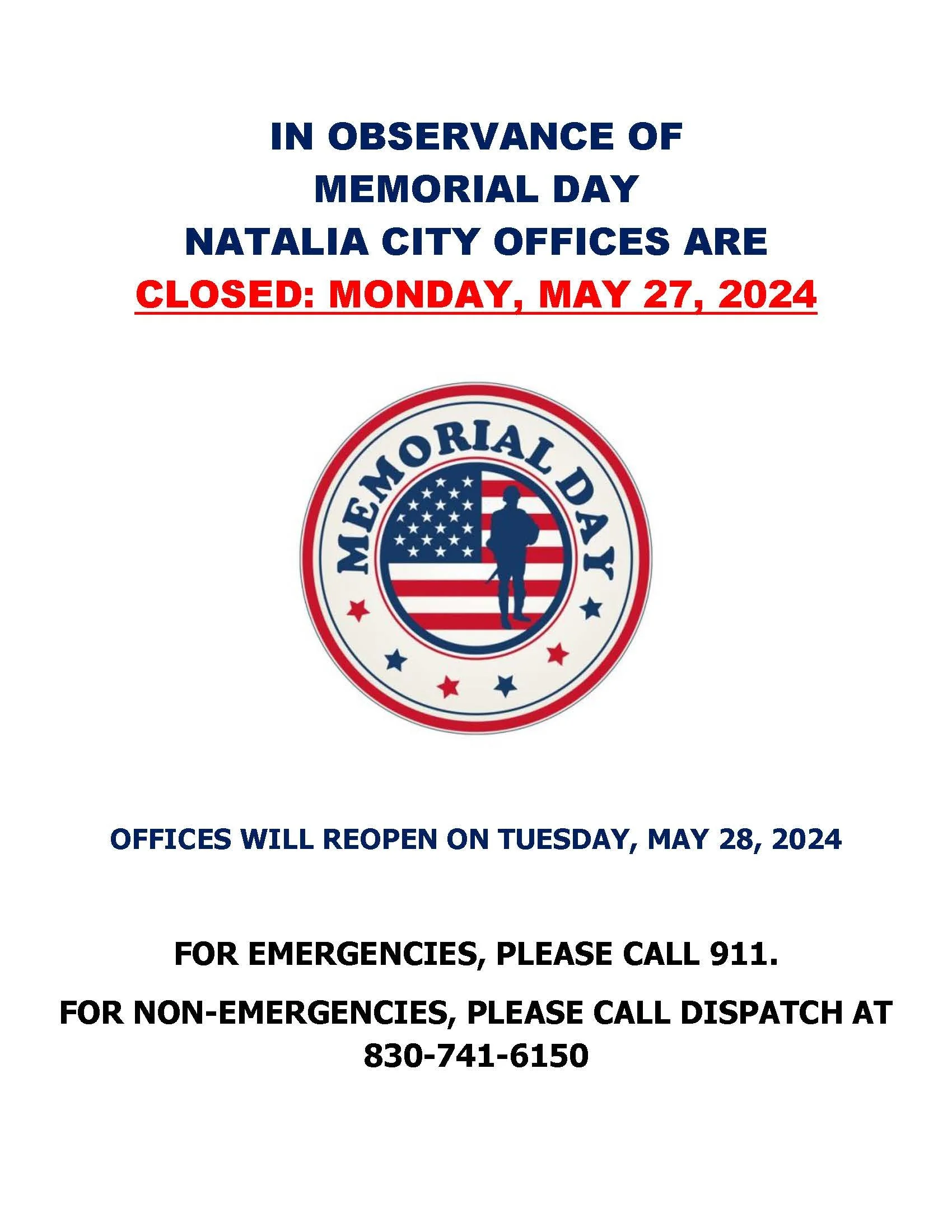 City Hall will be closed for Memorial Day