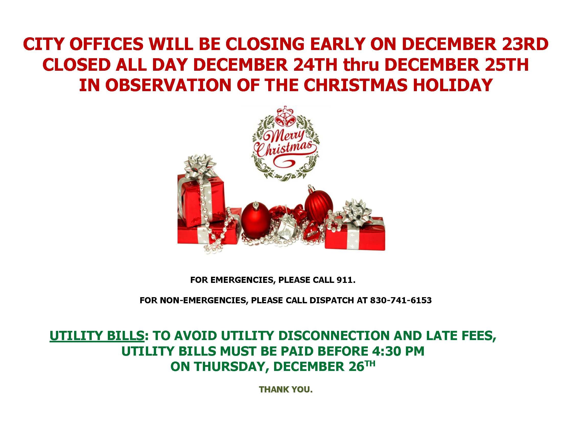 CITY HALL CLOSED FOR CHRISTMAS HOLIDAYS