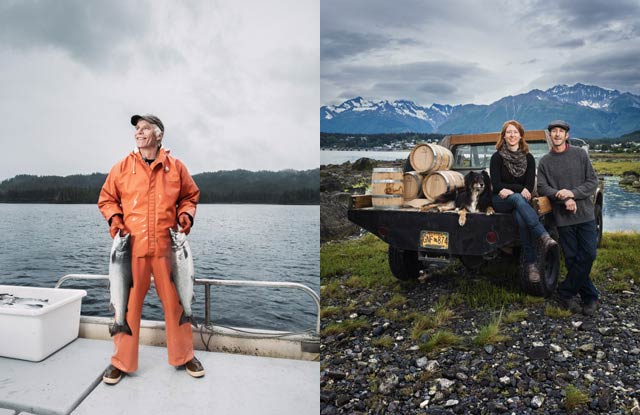 LAND AND WATER: (left) Conservancy staffer and commercial fisherman Michael Kampnich is among those working to ensure that Southeast Alaska’s forests and streams remain healthy and full of the region’s lifeblood—salmon. (right) Local herbs flavor small-batch liquors made at Heather Shade and Sean Copeland ‘s Port Chilkoot Distillery. They were among the winners of a grant contest the Conservancy helped develop to support the growth ofsustainable small businesses. © Chris Crisman