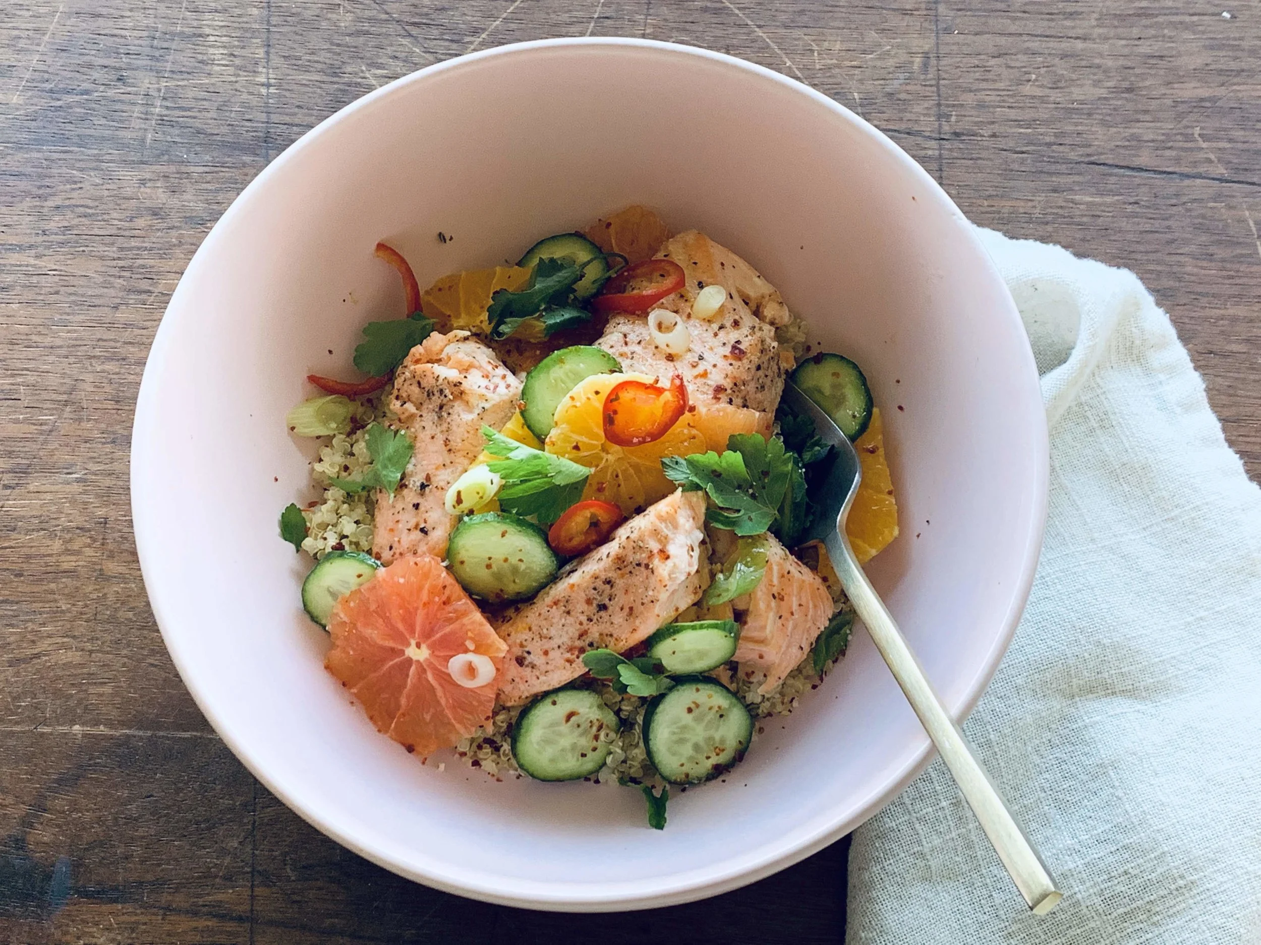 Olive Oil Basted Salmon with Citrus Salad and Lime Cilantro Quinoa