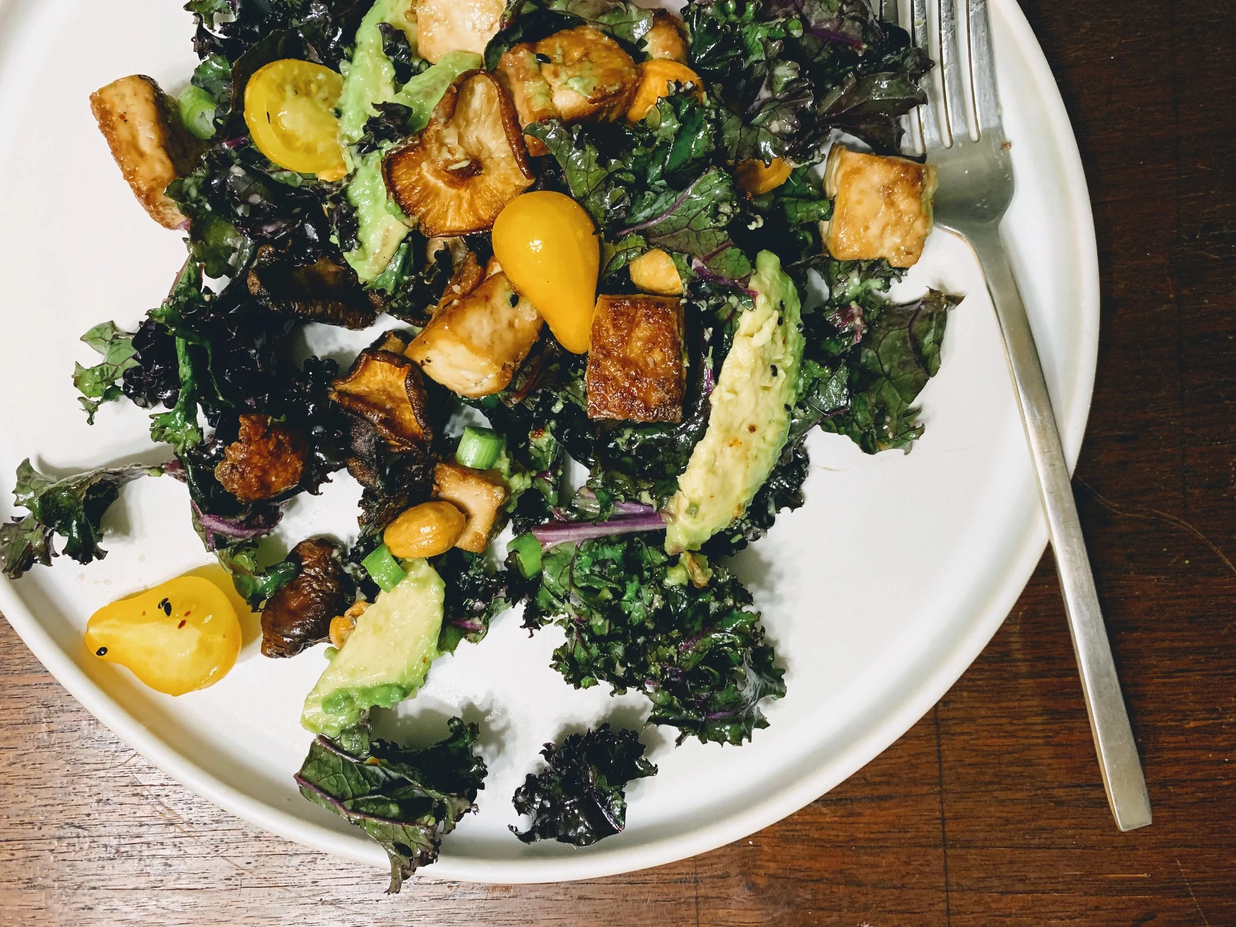 Crispy Tofu and Shiitake Mushroom Salad with Miso Ginger Dressing 