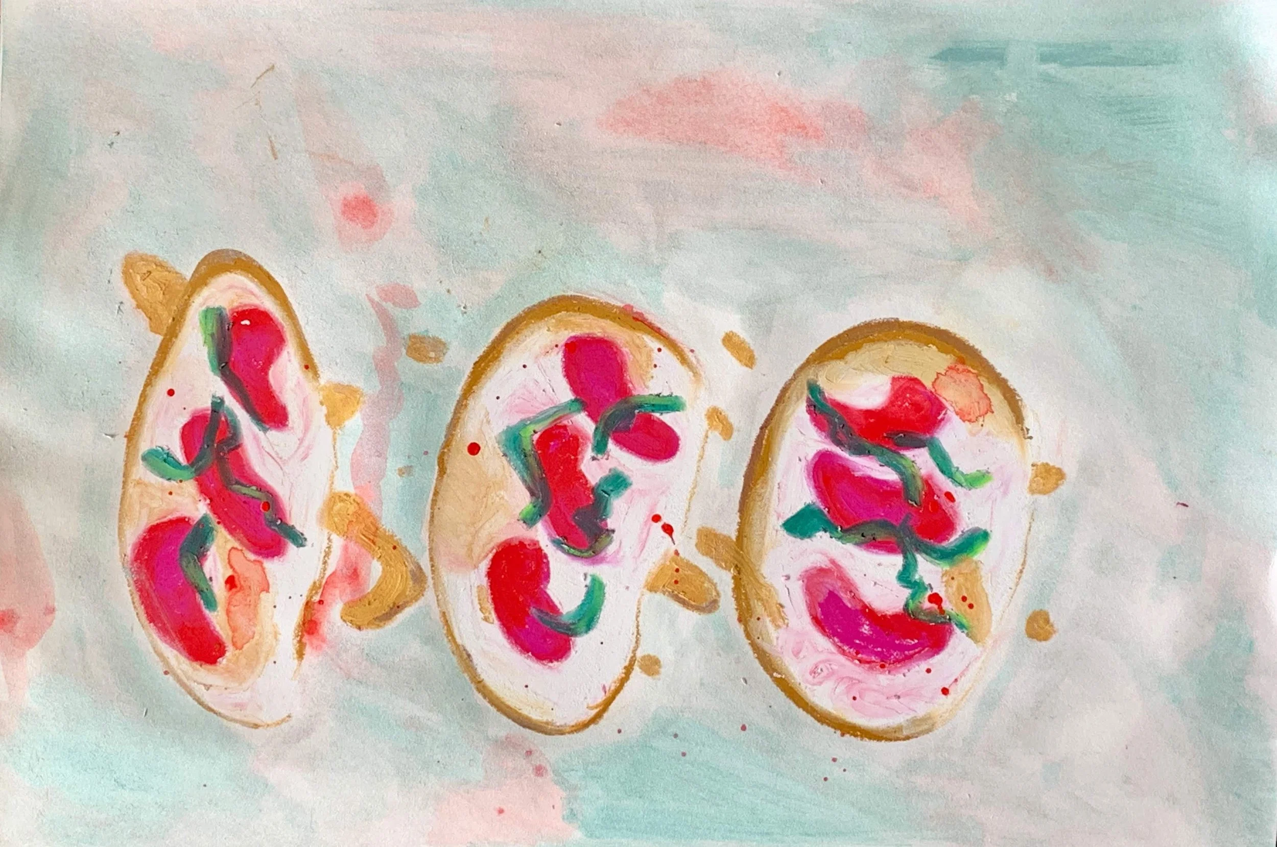 Crostini with Whipped Goat Cheese, Pickled Rhubarb, and Basil Infused Honey