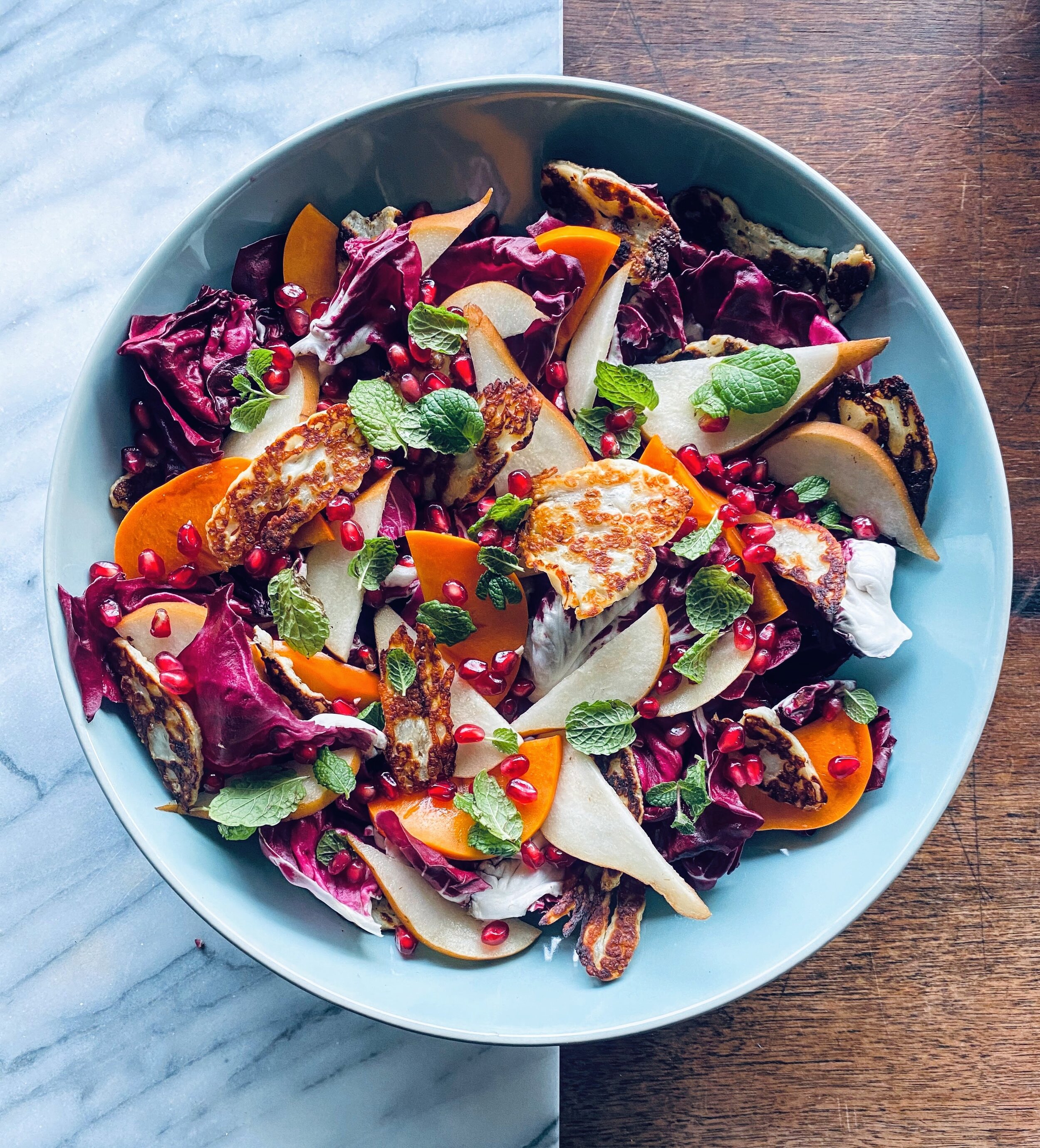 Bitter Greens Winter Salad with Halloumi Croutons