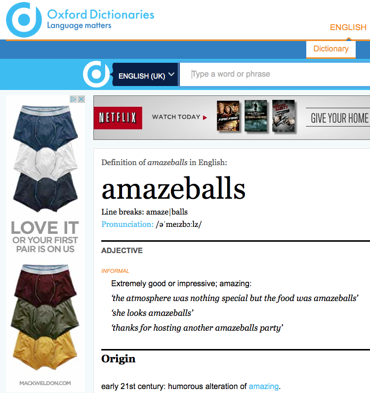 The advertisement served up when looking up "amazeballs"