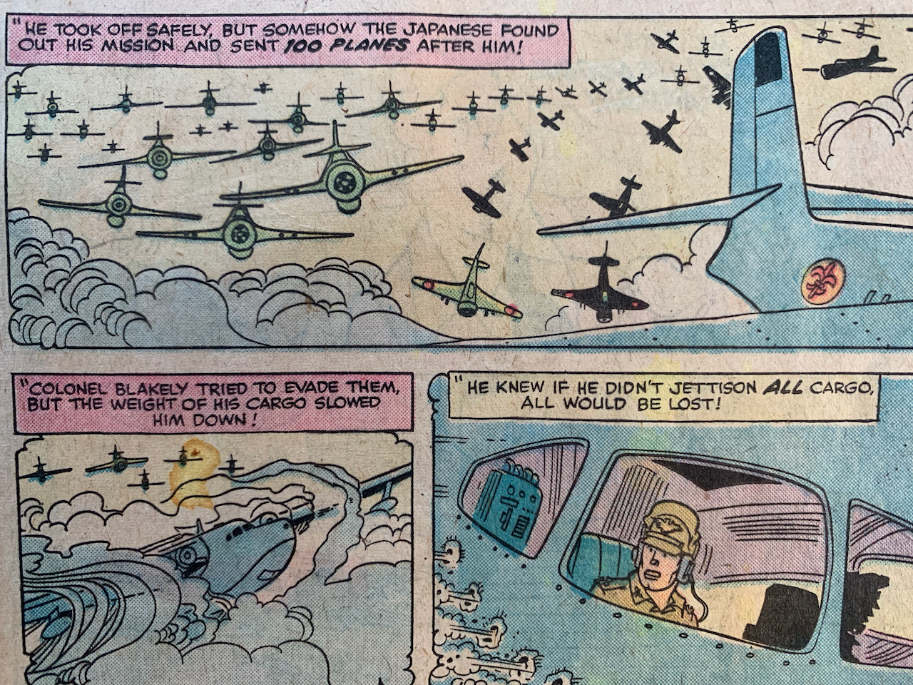 Flashback to World War II describing why the pilot had to dump the treasure to escape