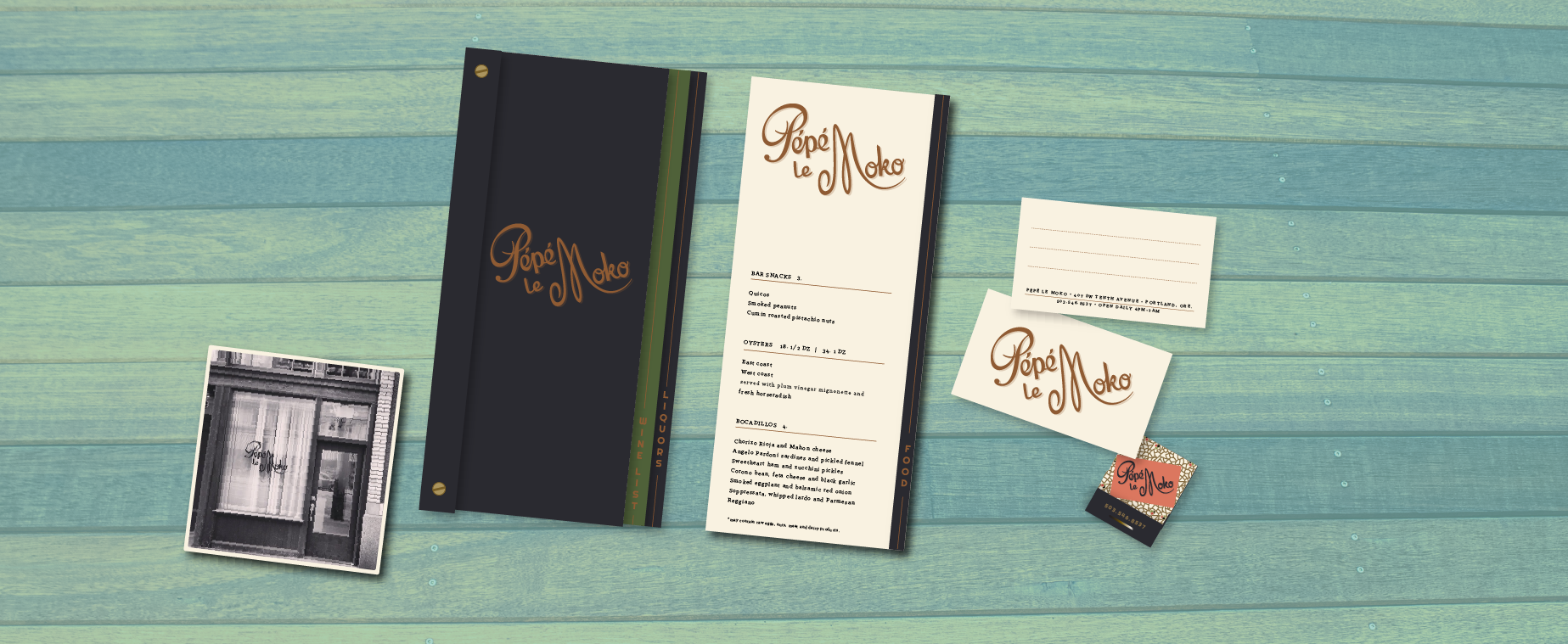 CLIENT: Pepe le Moko / Ace Hotel Portland PROJECT: Menus, Matches, Website, Business Cards and Signage