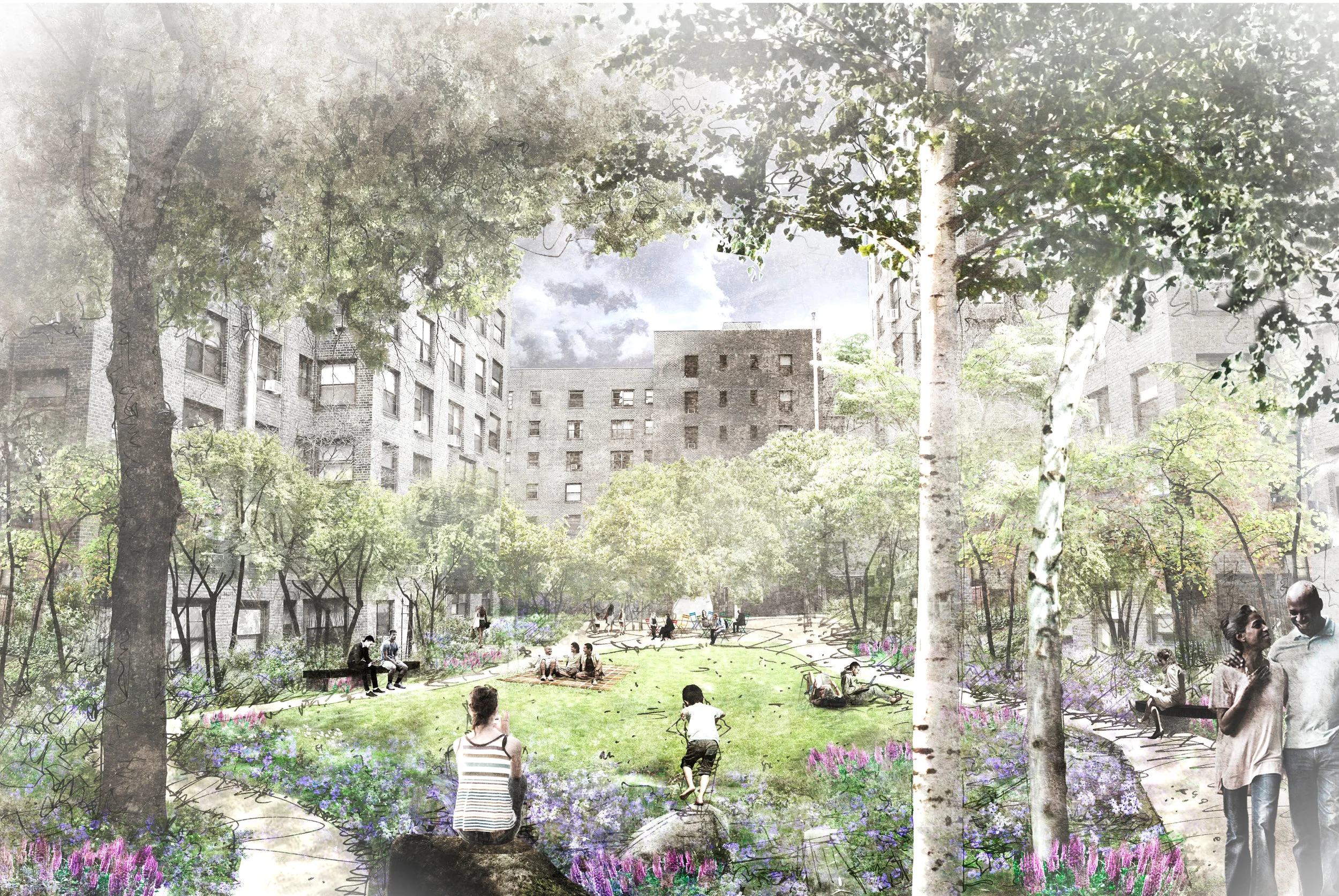 Summer view of the north campus courtyard with planted buffers at the ground floor
