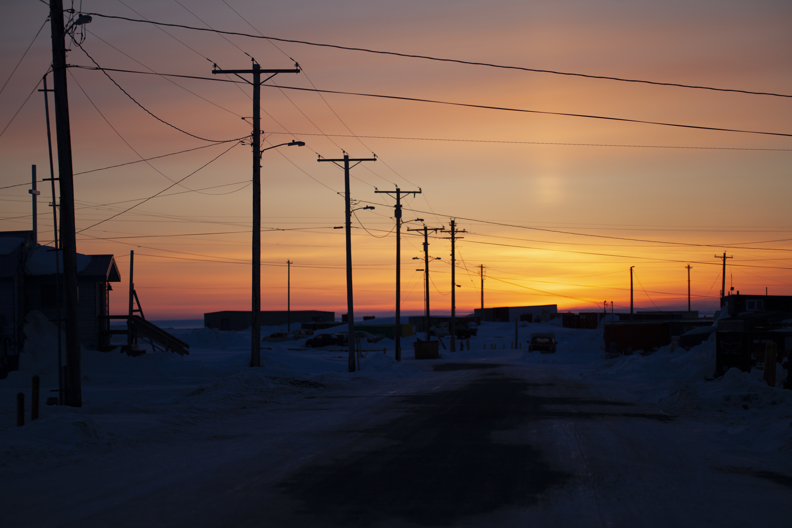 A long spring sunset in Kaktovik, 11 pm.