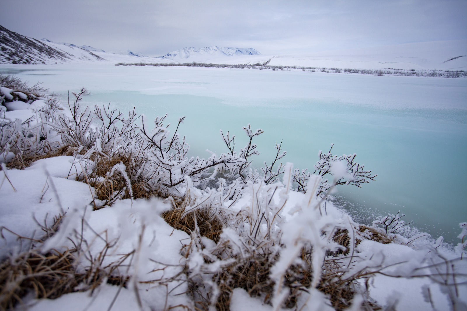 Aufeis or overflow is early spring melt that moves over the top of the frozen river, wetting the snow and creating a striking blue layer of ice when it freezes overnight.