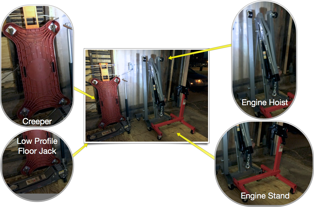 Creeper (left), high lift, low-profile jack (bottom left), 2 ton folding engine hoist (right, grey) and 1000 lb engine stand (right, red).