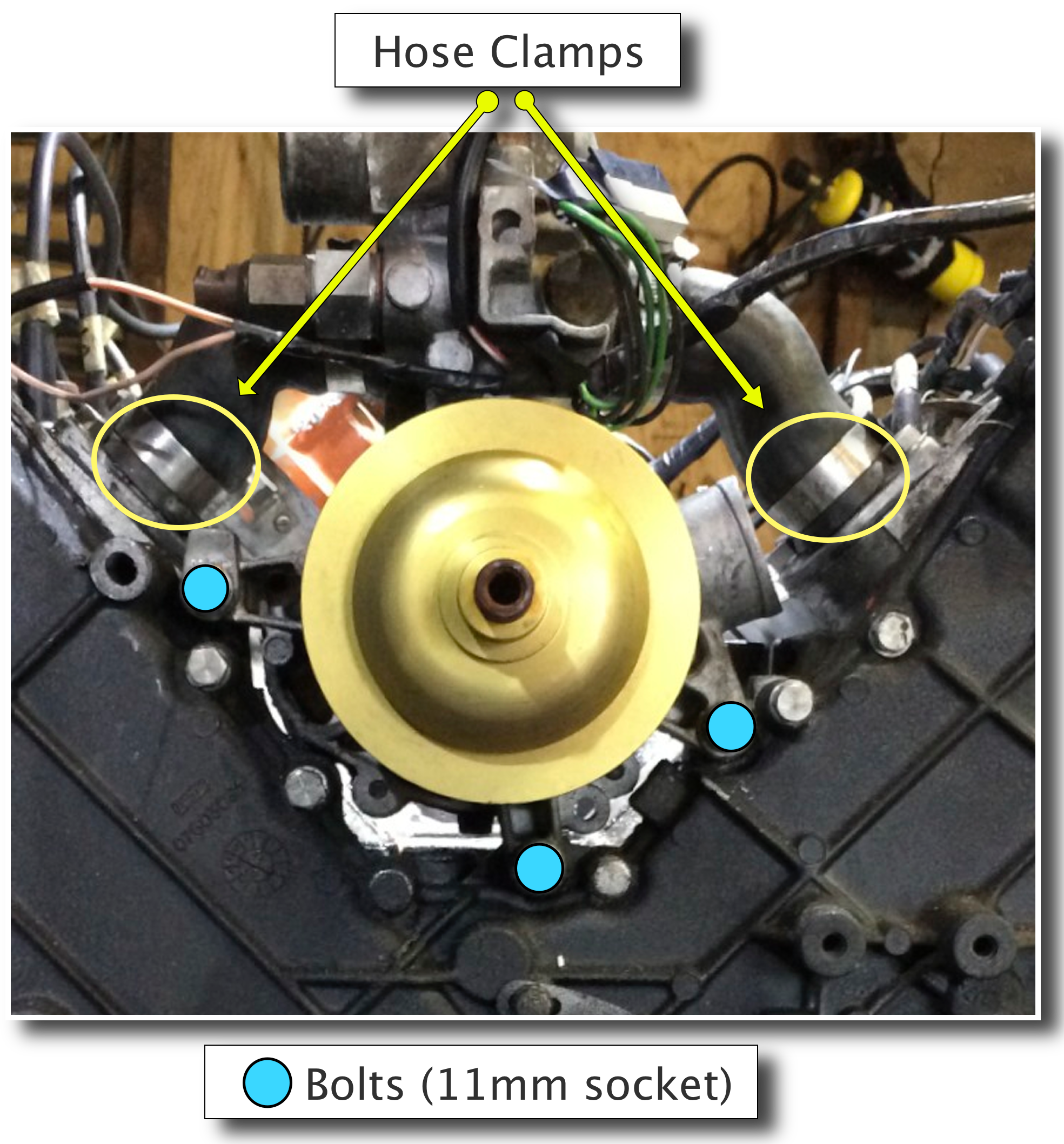 Water pump bolts and hose clamps. You can disconnect the hoses at the upper clamps if you prefer. Not pictured is the hose on the back of the water pump, which is held on with another hose clamp.