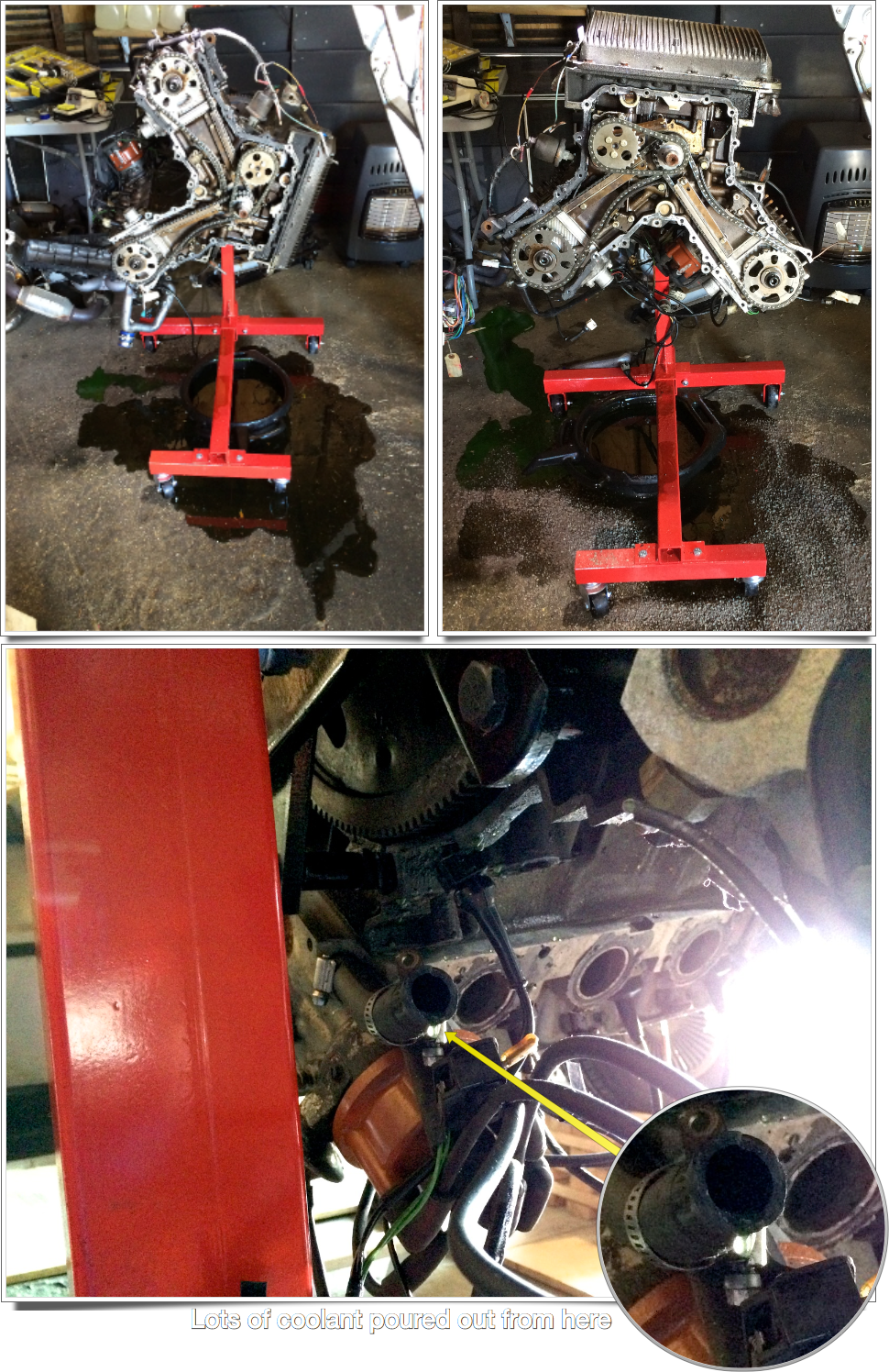 Flipping the engine, and all the oil and coolant that leaked out onto the floor.