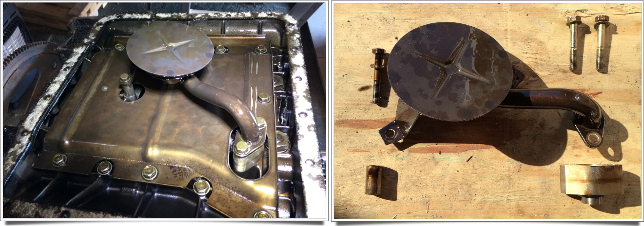 The oil inlet tub as mounted on the engine, and as removed. The O-ring on the oblong tube should be replaced before reassembly.