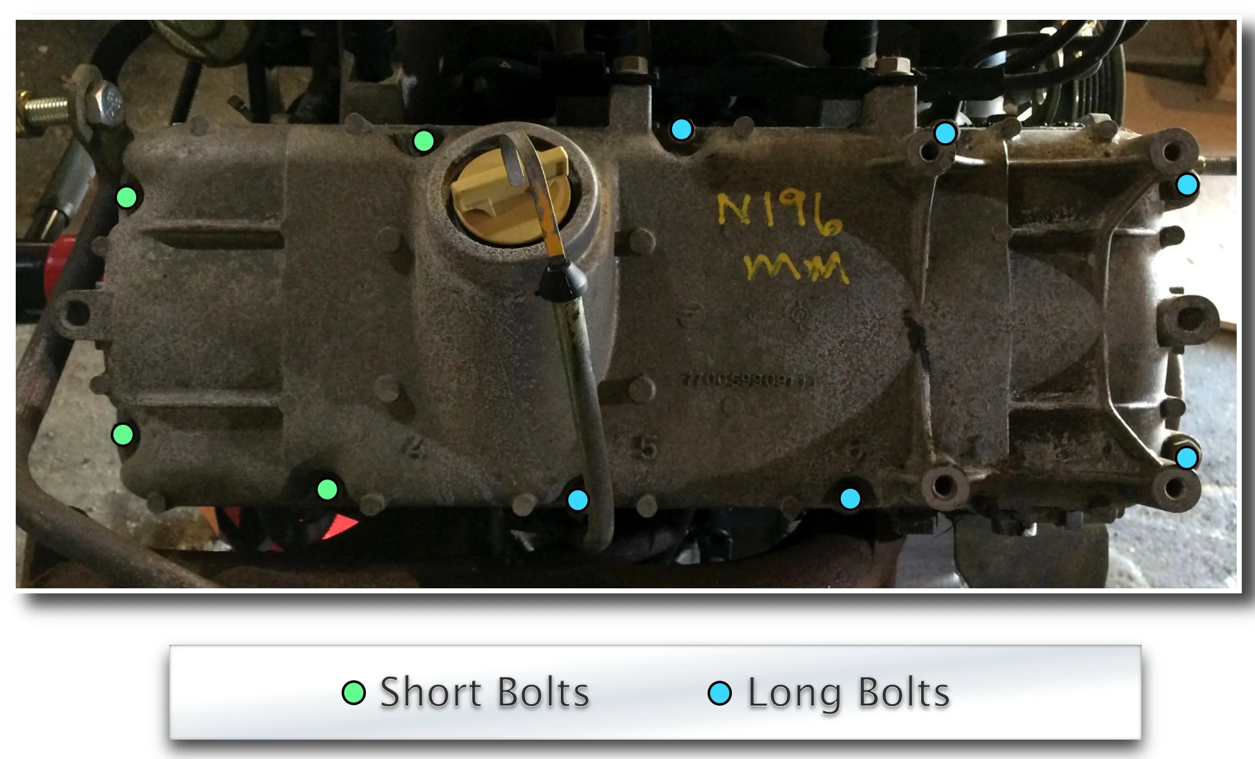 The 3.0L driver's side valve cover. The green dots indicate the short bolts, while the blue dots mark the longer bolts.