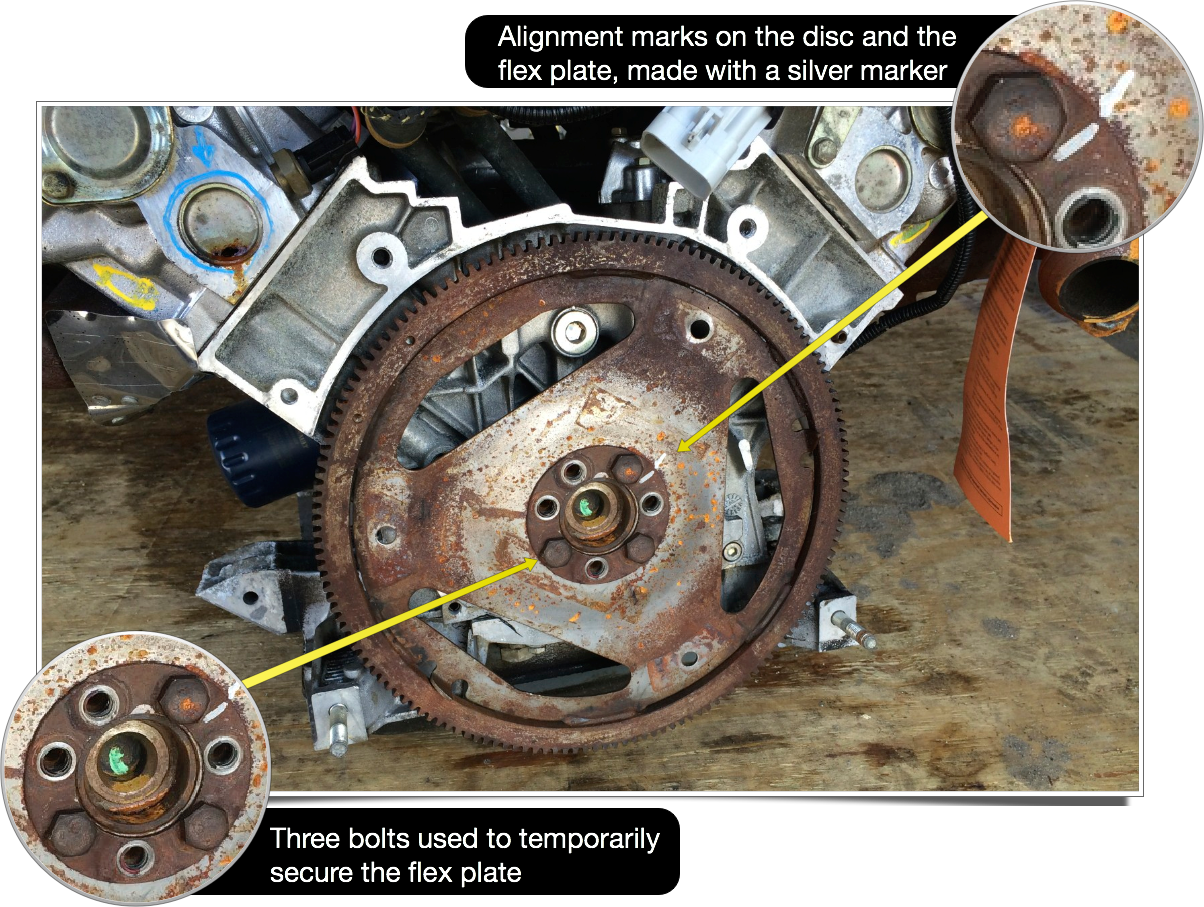 Temporarily mounting the flex plate on the engine so that it can be used to keep the engine from rotating while breaking the main pulley nut free.