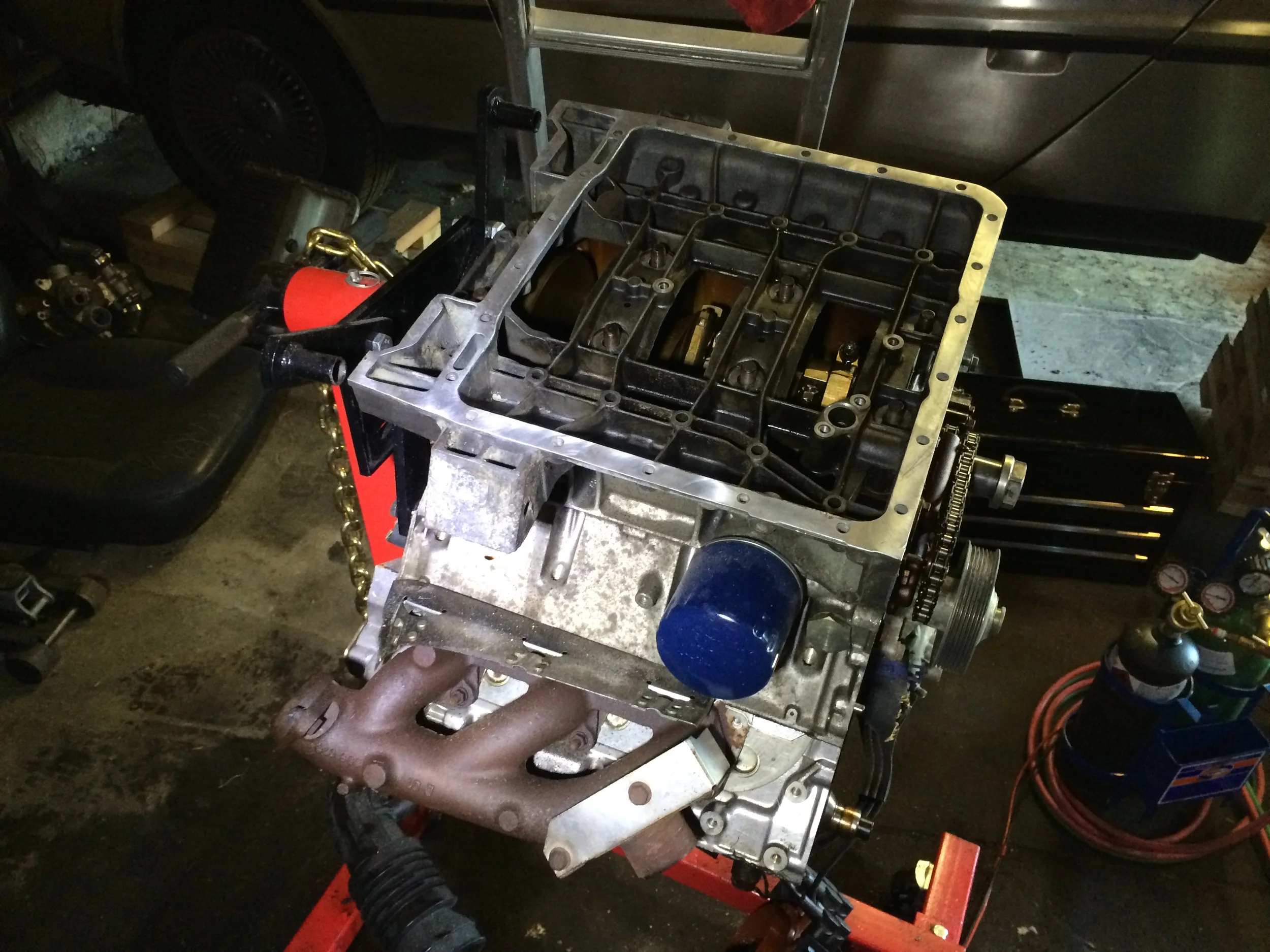 The lower crankcase resting on top of the of the block, ready to be tightened down.