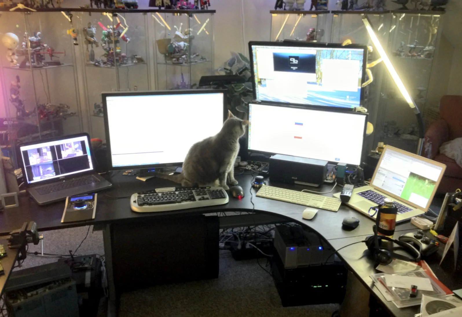 15" Dell XPS laptop, 30" Dell monitor, 16:9 and 21:9 monitors, and 15" MacBook Pro, with Mac mini and drive enclosures under the desk. Also my cat, Neko.