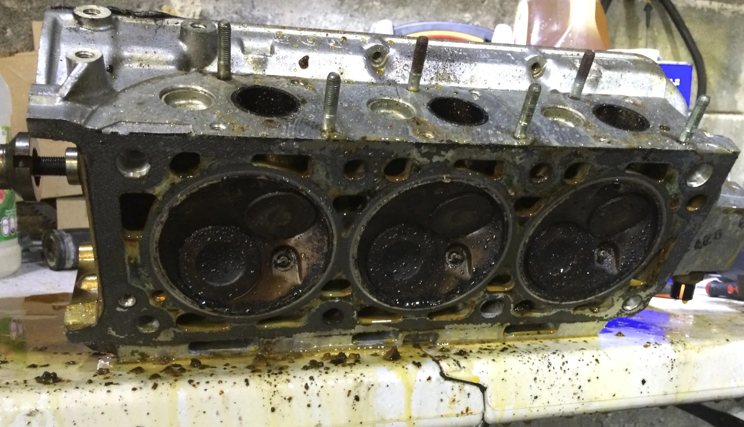 After removing much of the gunk with picks, I tilted it over and alternated between spraying degreasers and water into the coolant and oil passages. The gunk on the table is some of the chunks that came out.