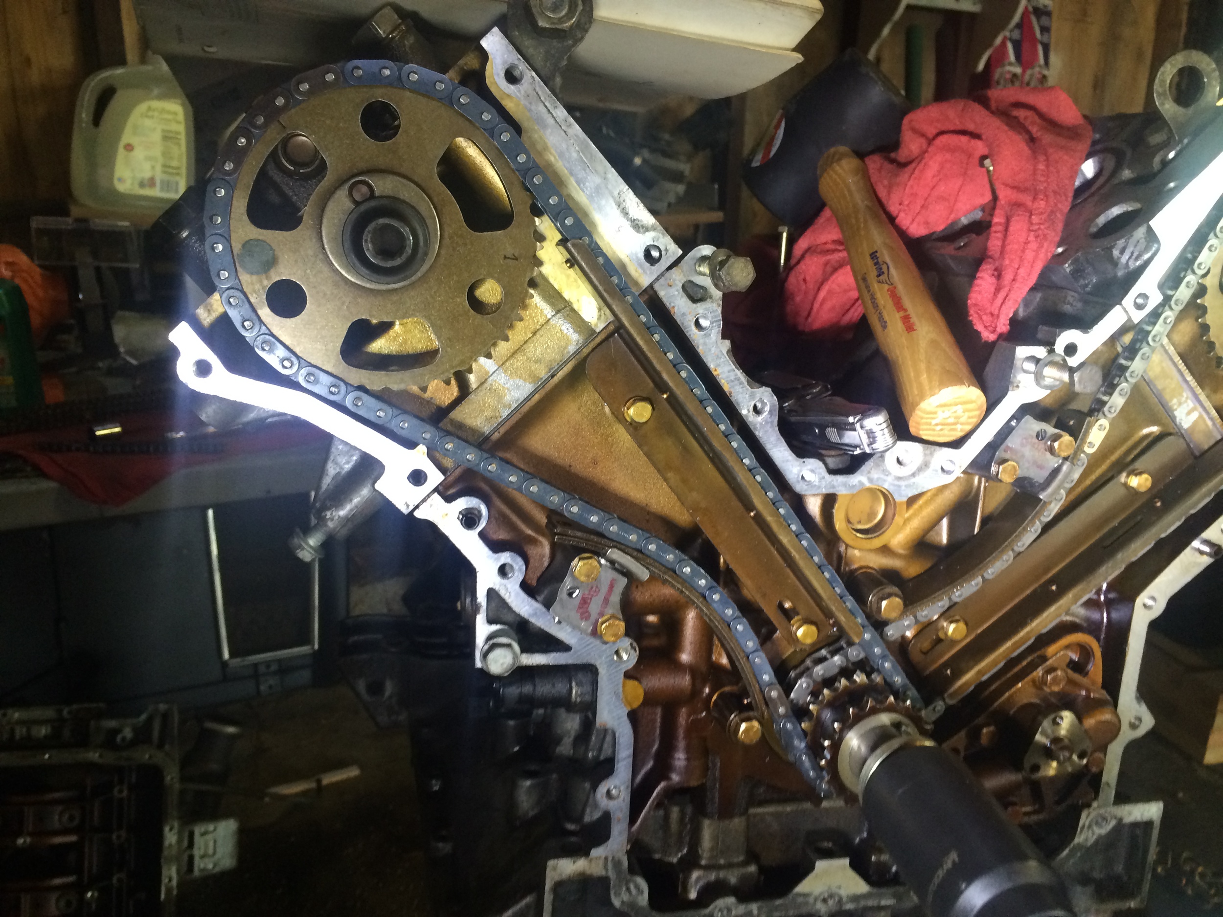 The installed timing chain. Note that the engine has been rotted, so the marked links on the cam sprocket aren't quite where they would be immediately after reinstallation, but it is installed correctly.