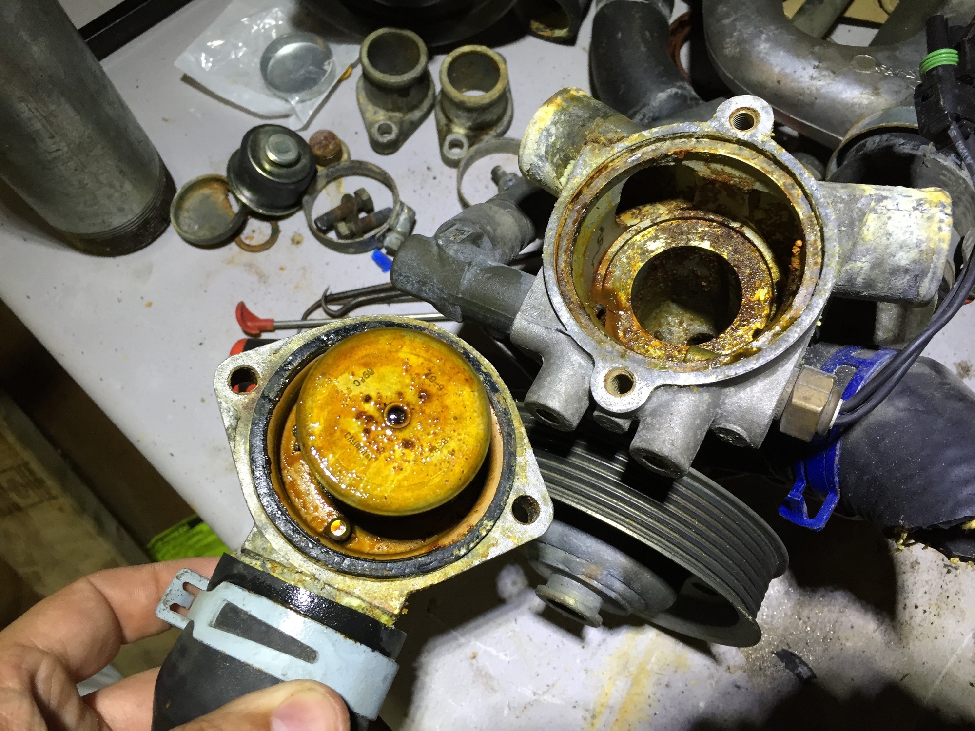 The dirty innards of my old water pump with the thermostat housing removed.