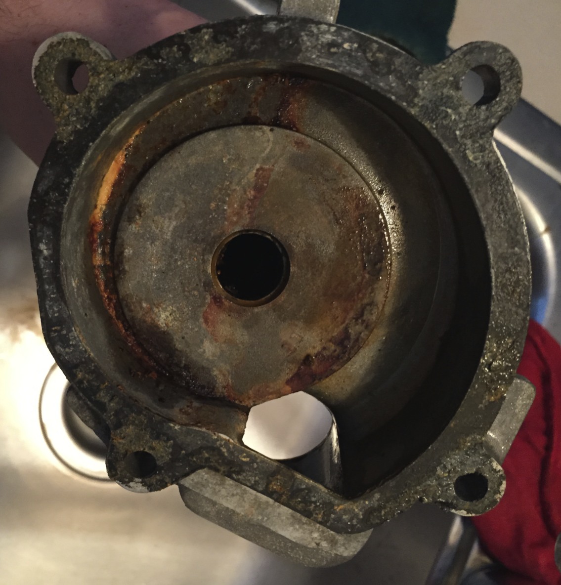 The back cover after cleaning it with some hot water and a scrubbing pad in the sink. Better, but could still use some more cleaning