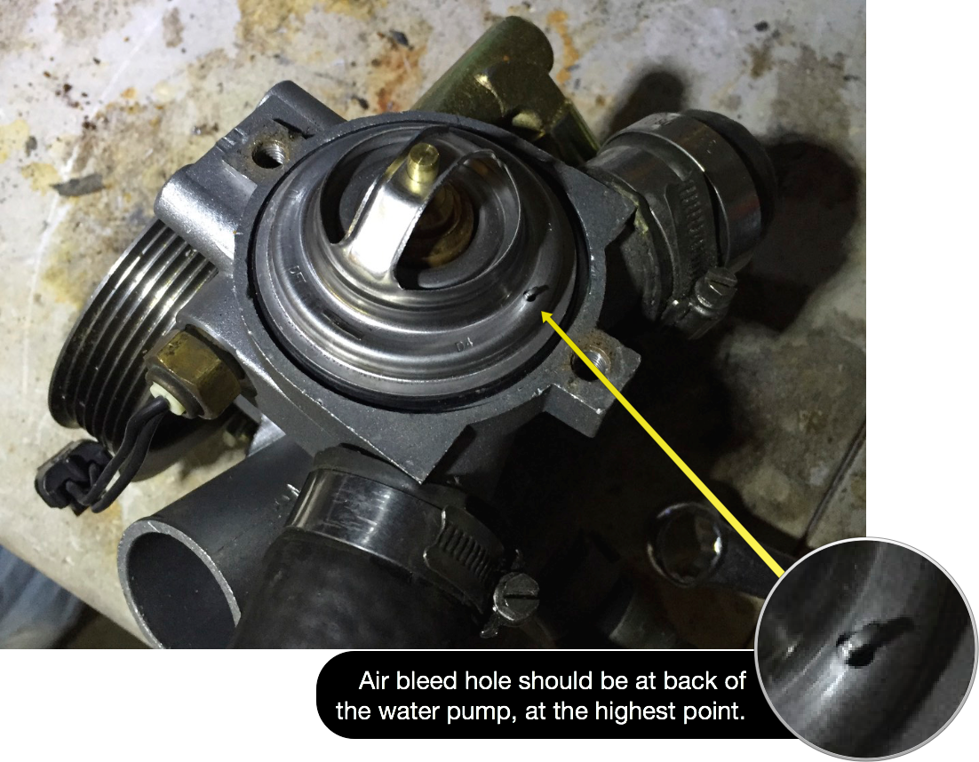 The air bleed hole on in the thermostat should sit at the highest point in the pump, towards the back of the pump.
