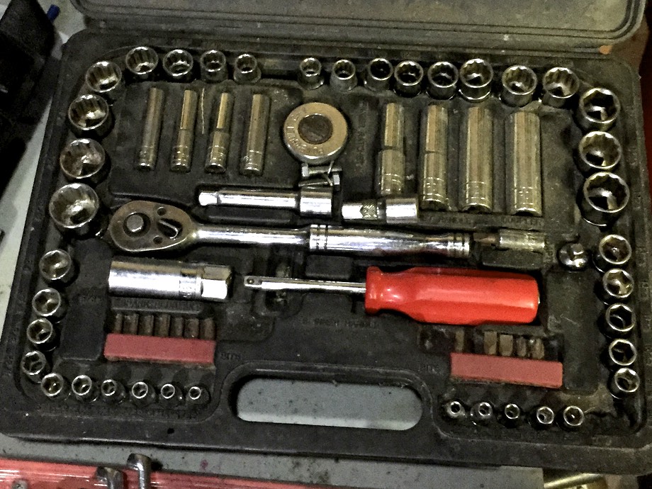 My old socket set, which includes a wrench, bit driver, and metric and imperial sockets in multiple lengths and driver sizes.