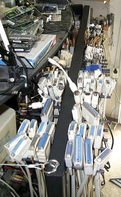 The racked cables with their connectors pointed upward, making it easy to find which cable is which.