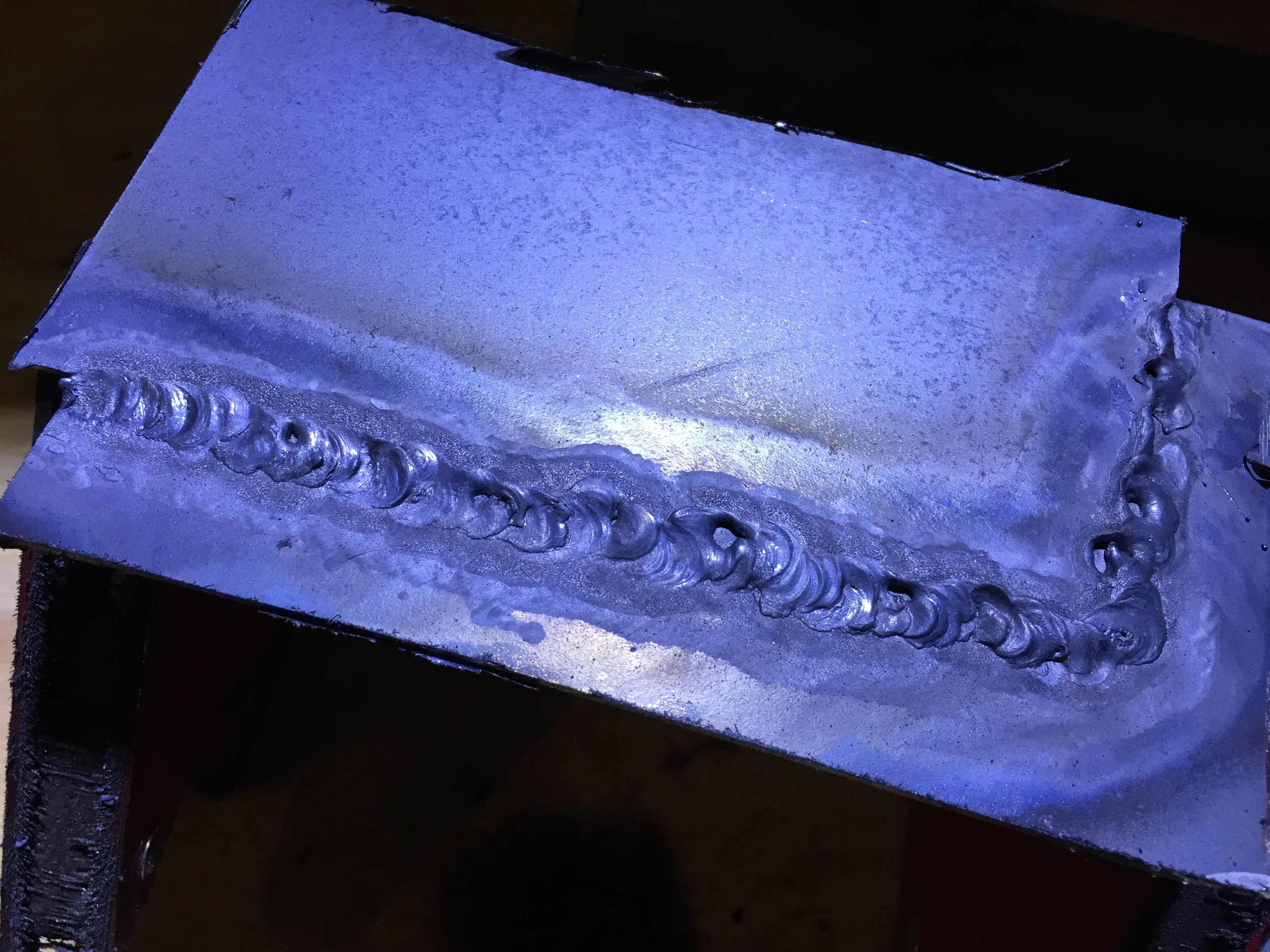 Much better welds formed by pushing the puddle along.