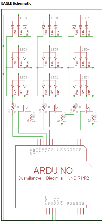EAGLE layout showing how the Arduino is wired to the LEDs.