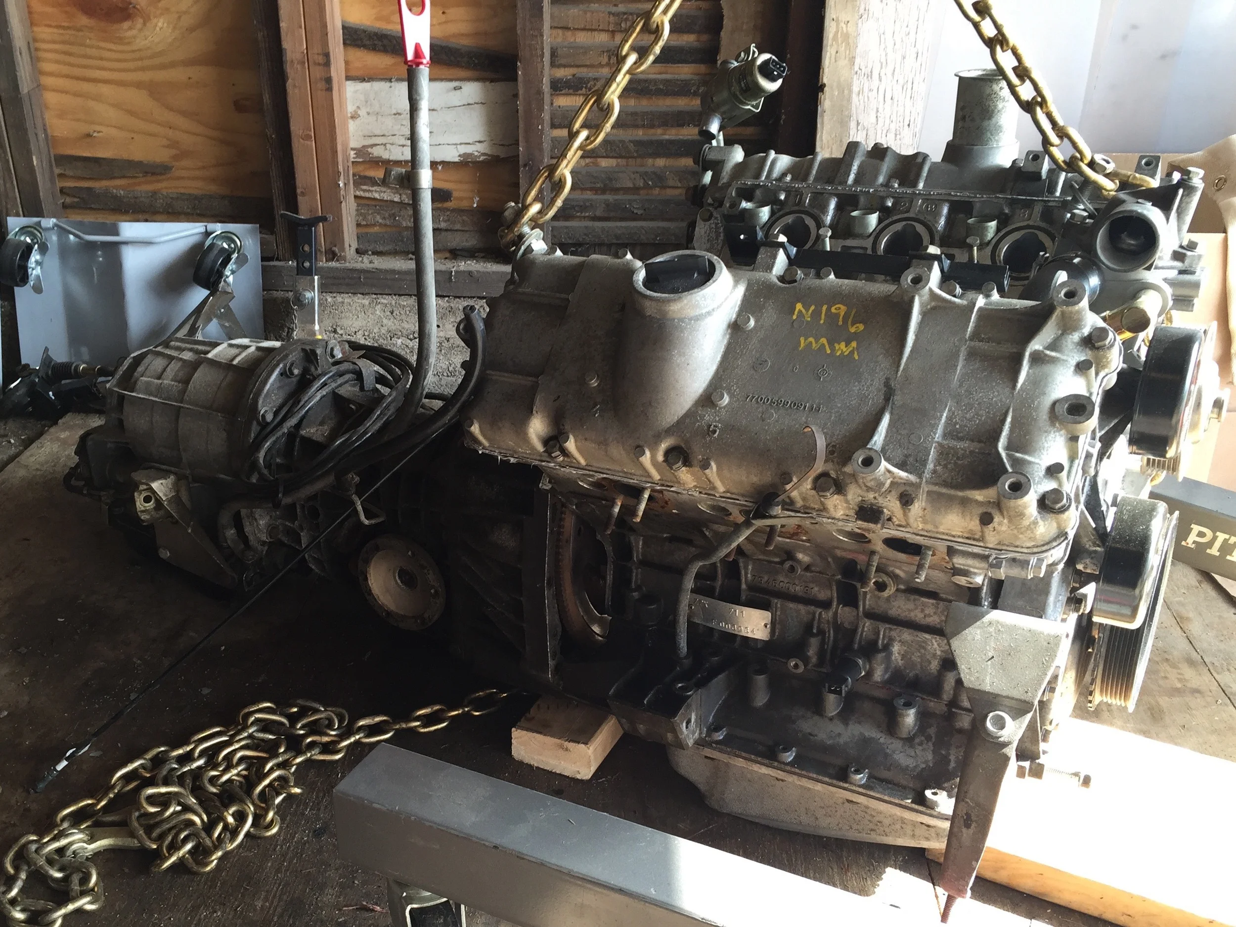 Engine and transmission bolted together.
