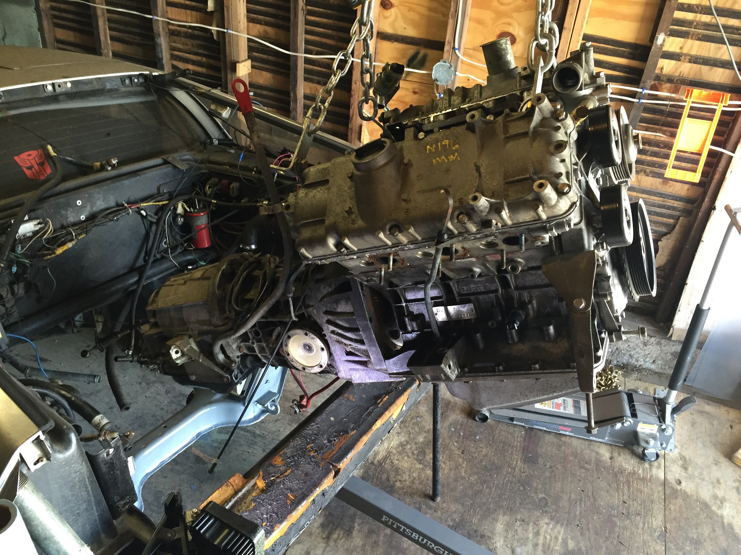 Starting to tip the engine and transmission down.