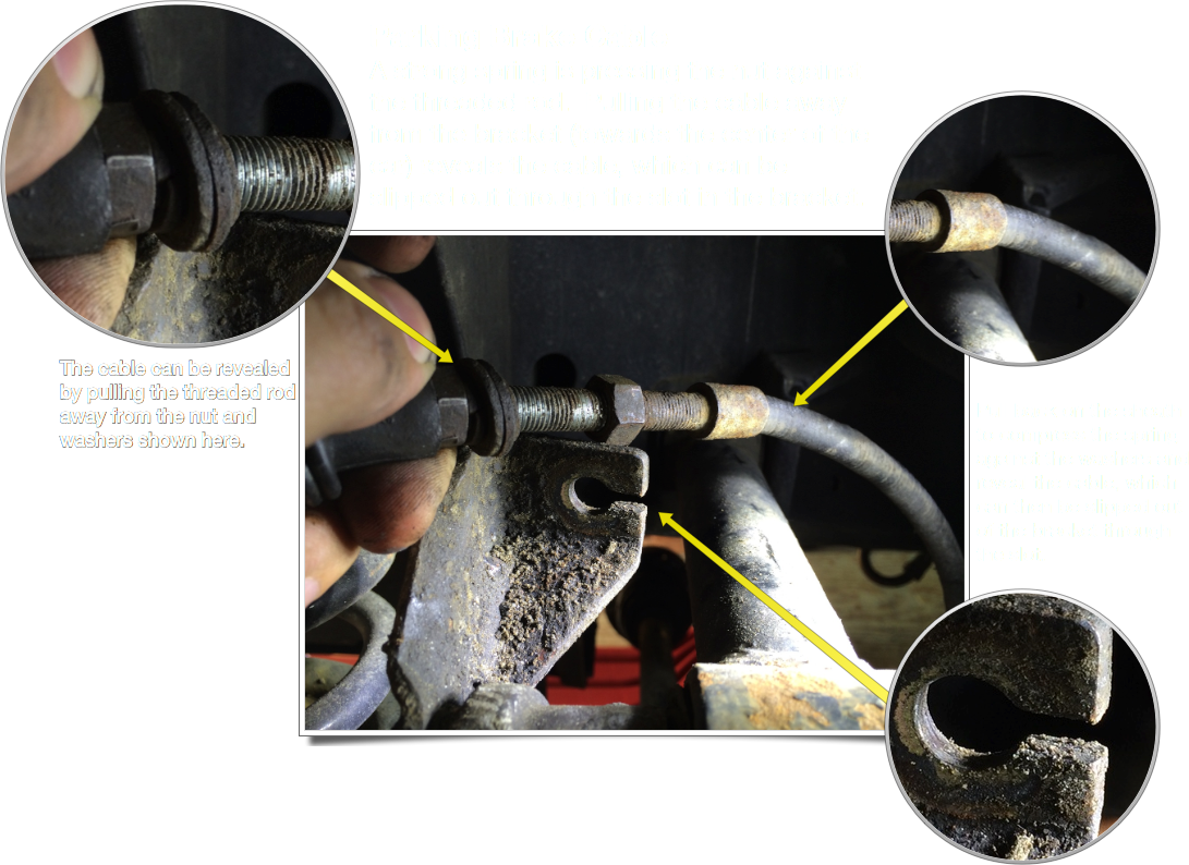 A graphic I made for the engine removal post showing how to release the emergency brake cable from the bracket.