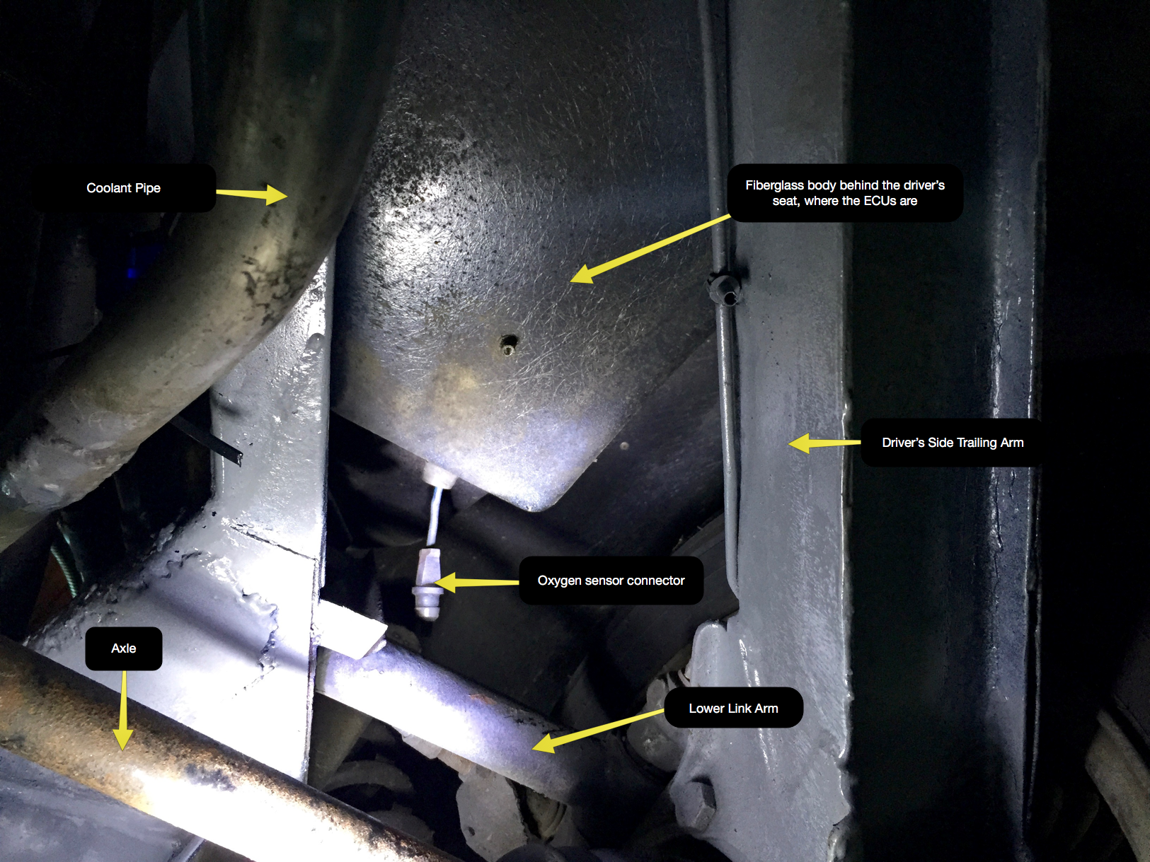 The oxygen sensor connector exits under the car near the driver's side engine cradle.