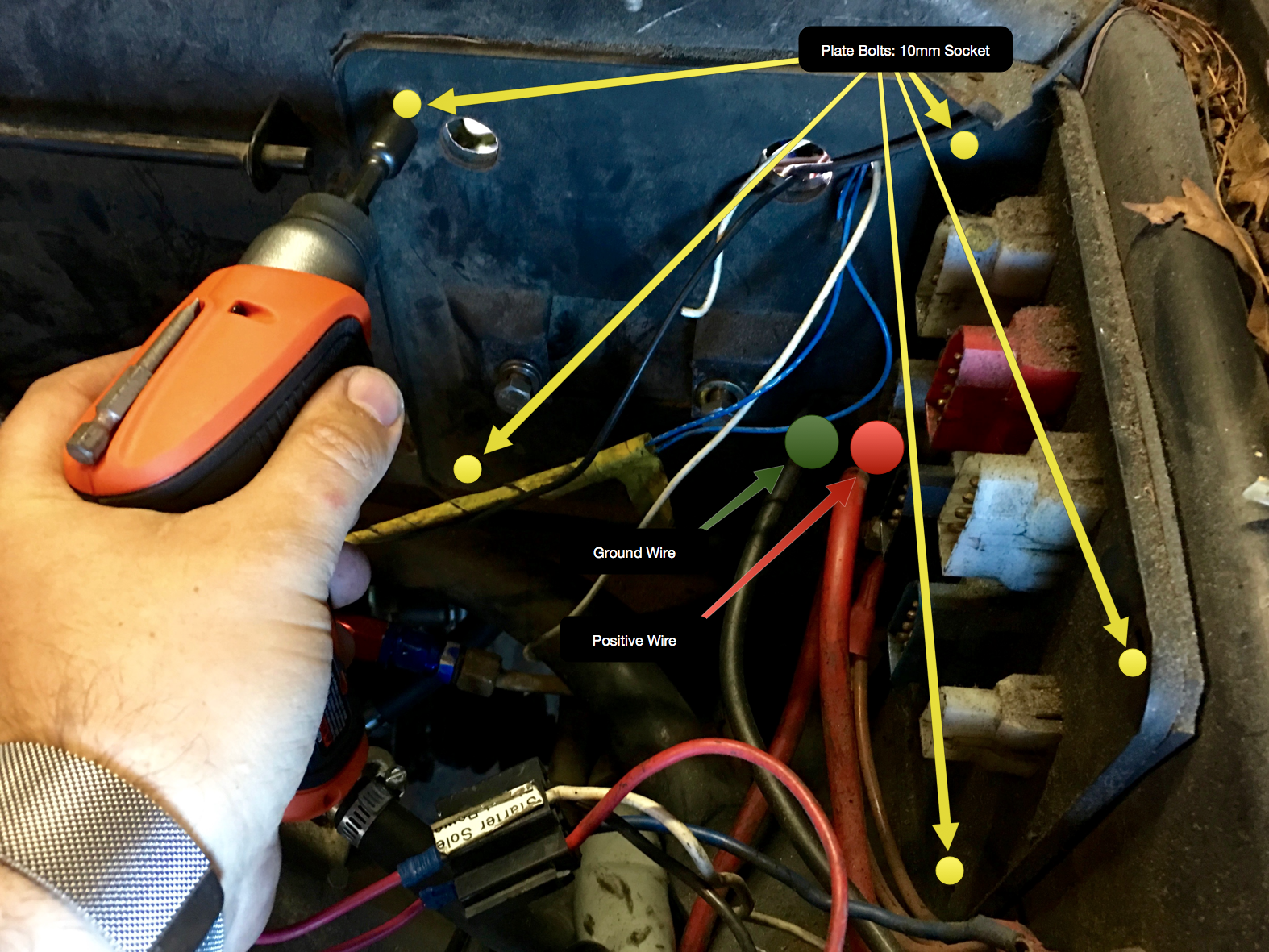 A 10mm socket removes the 5 nuts holding the connector plate onto the fiberglass body.