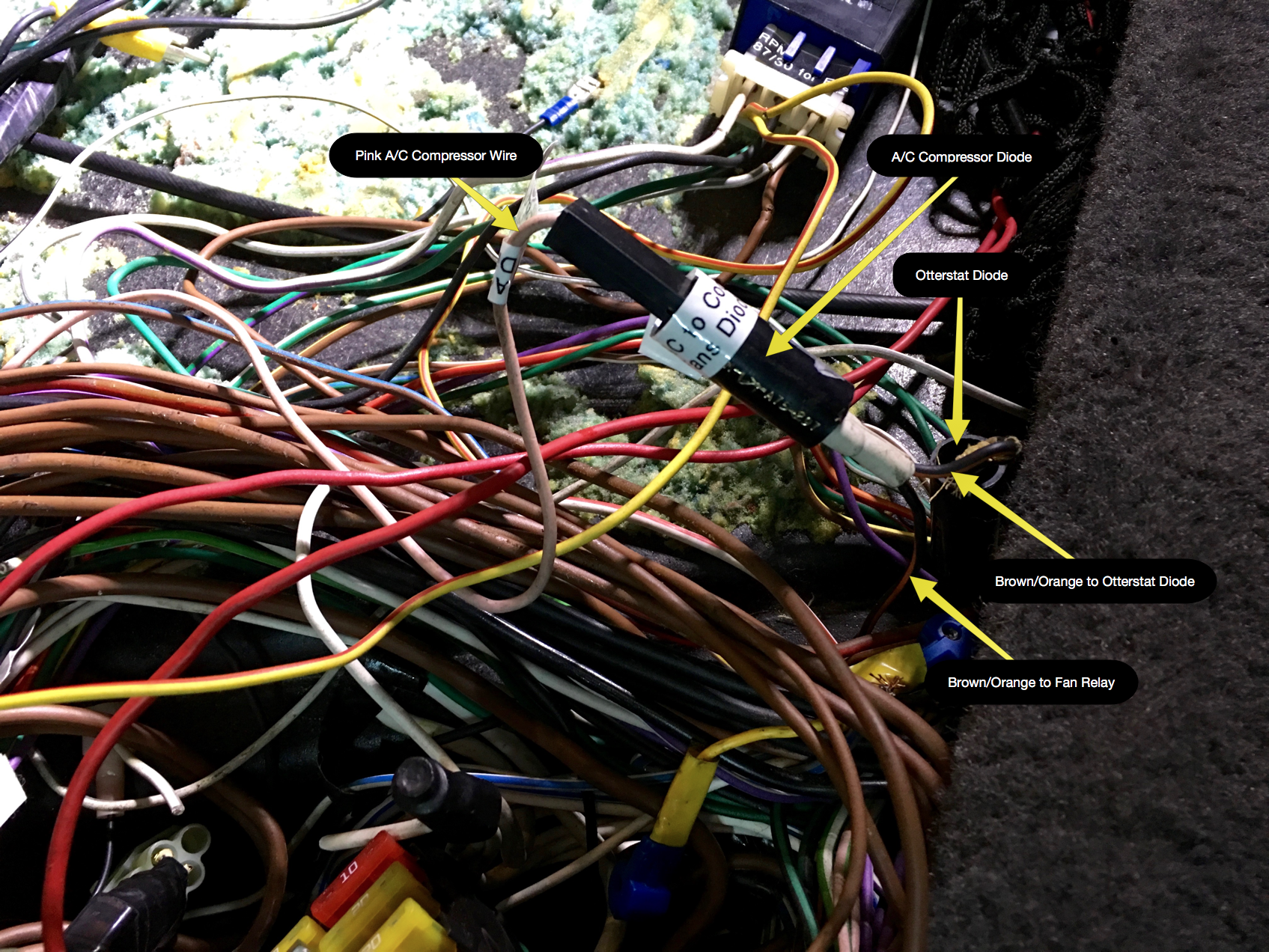 The A/C compressor diode, Otterstat diode, and related wiring that turns on the cooling fans in a stock installation.