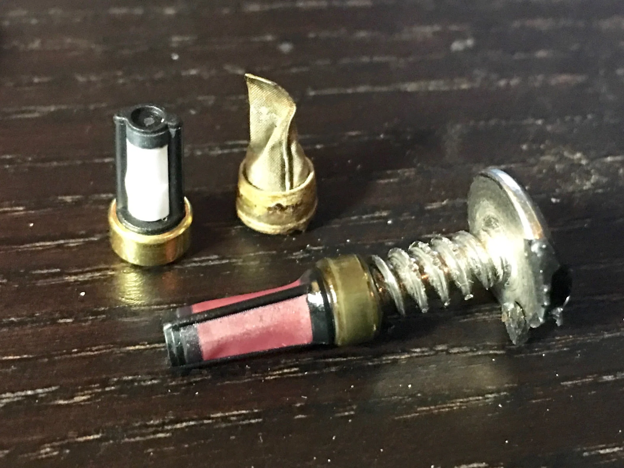 A new filter (back left), the filter from the original Eagle engine (back center), and the filter from one of Josh's injectors with the screw still in it.
