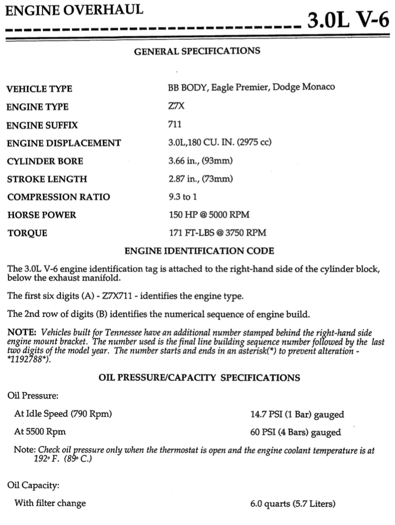 Page 2 of the 3.0L Engine Overhaul Manual, listing the specs of the engine.