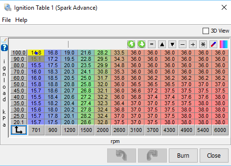 Initial spark advance table, as generated with the tool described above.
