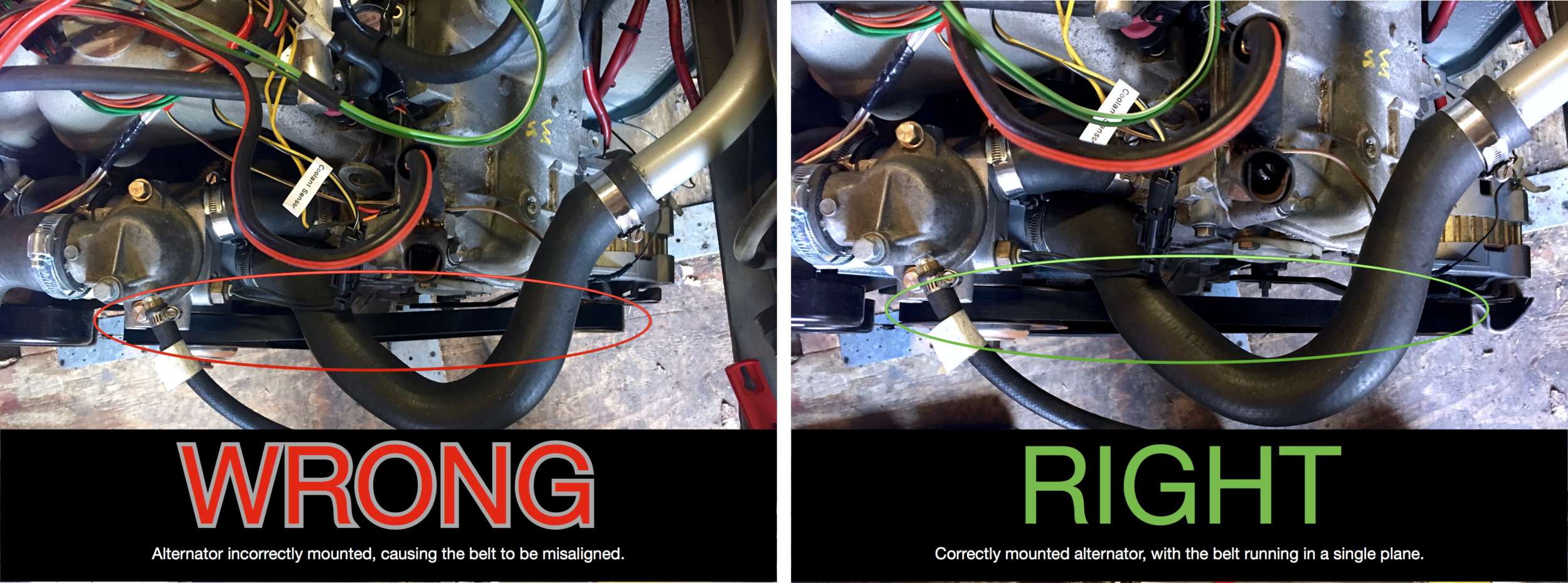 The incorrect and correct alignment of the belt.