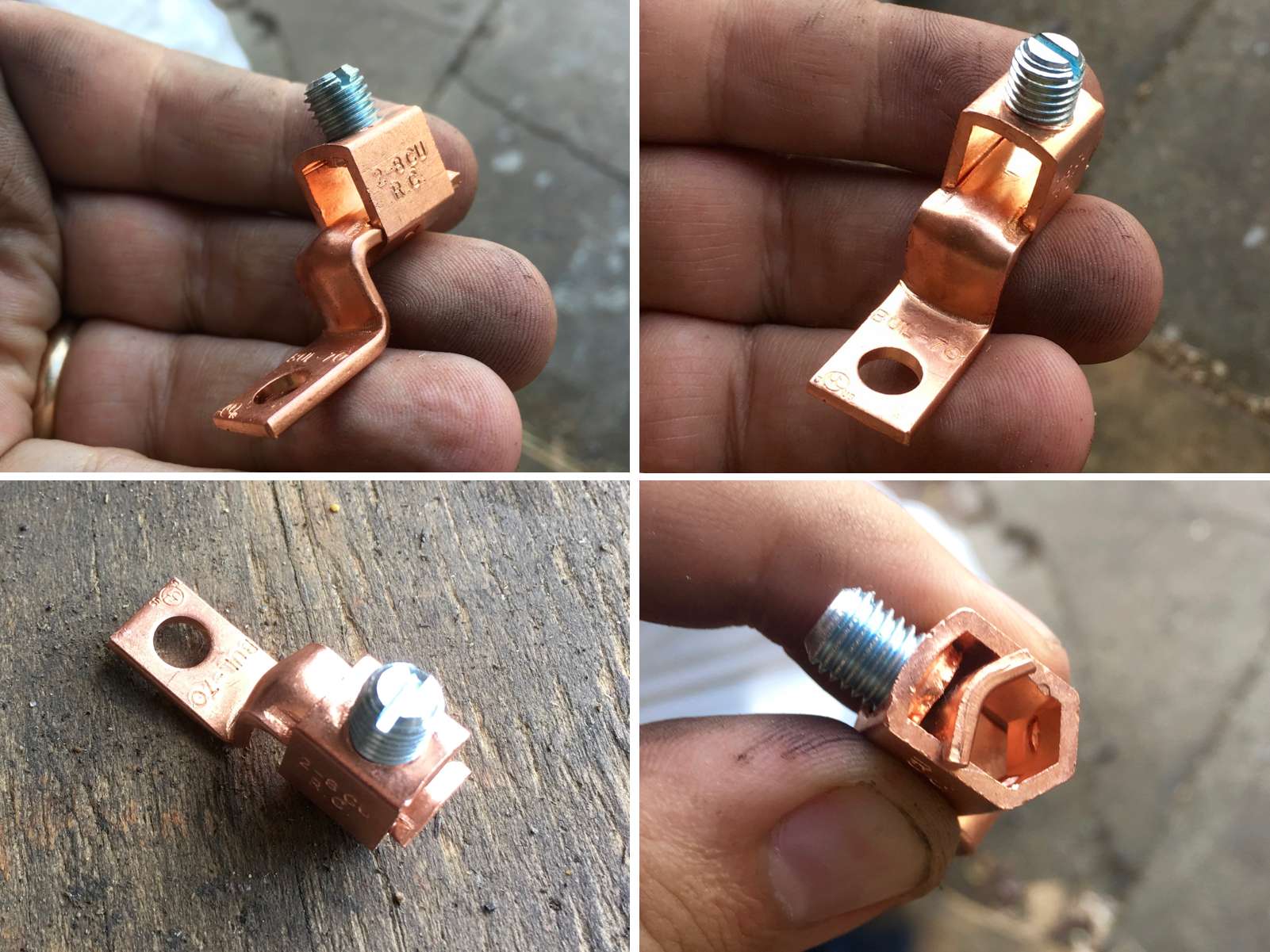 An example of a 4 gauge copper wire lug. I wound up using 2 gauge lugs to fit over the jumper cable insulation.