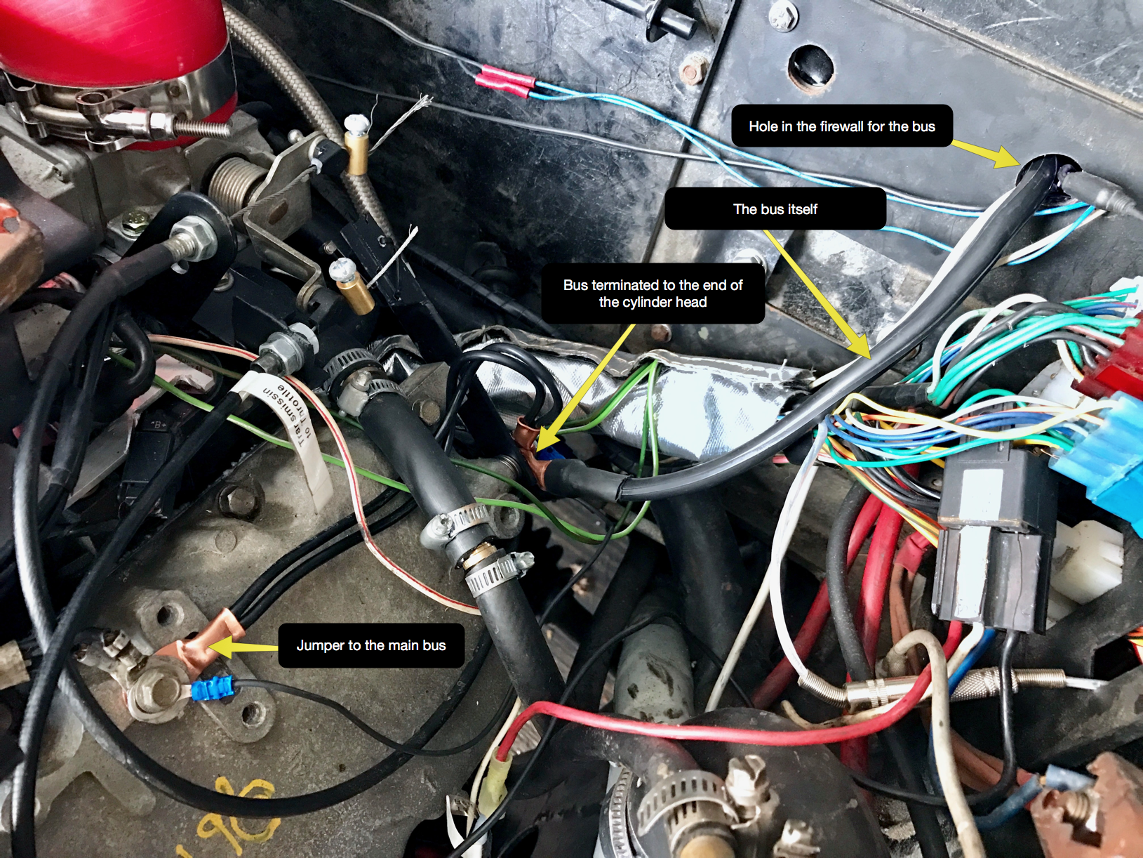 The bus going through the firewall to the end of the cylinder head, then to the top of the valve cover to the same bolt securing some other ground wires.