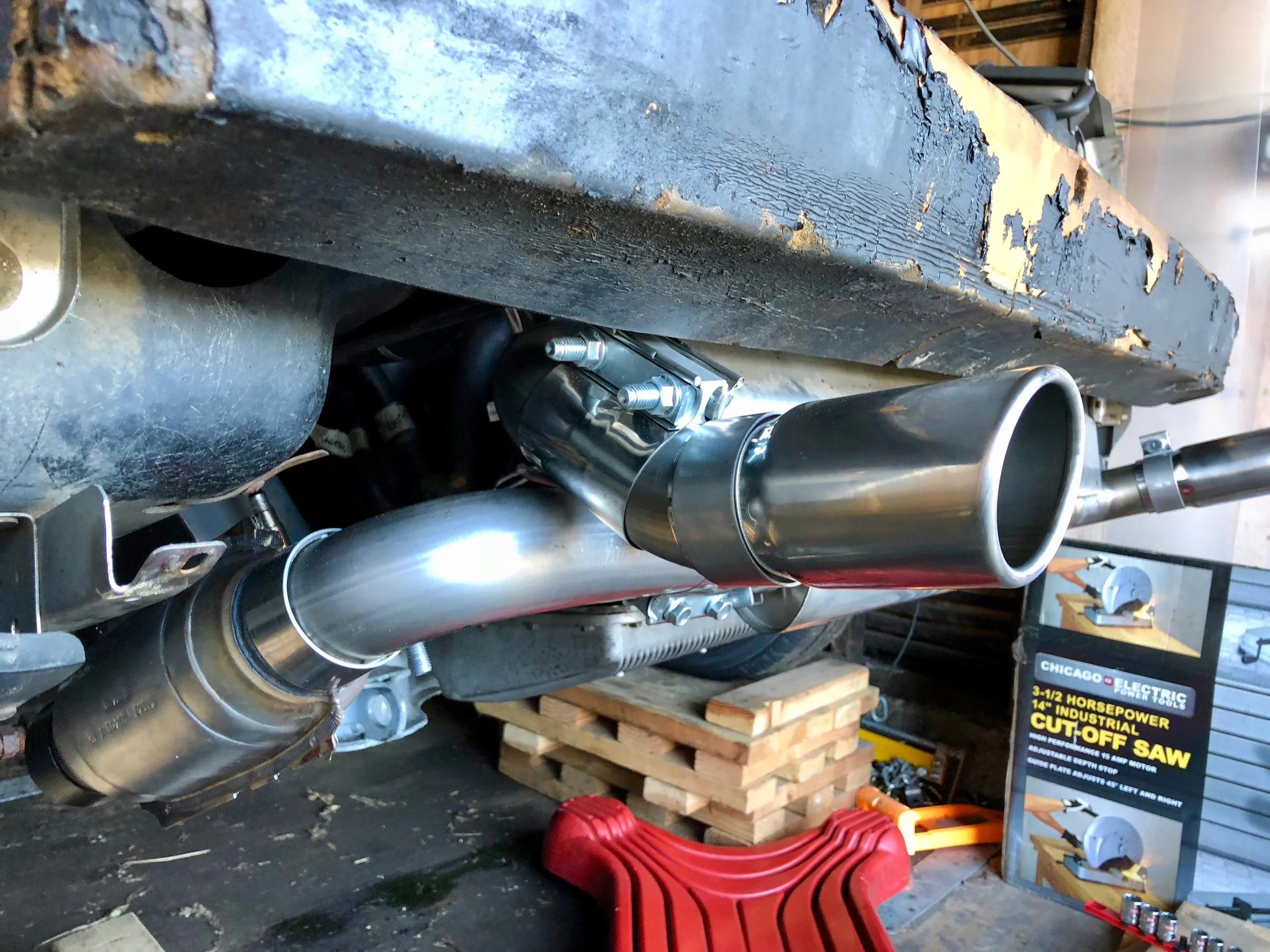 Thee driver's side exhaust tip in roughly it's final mounting position.