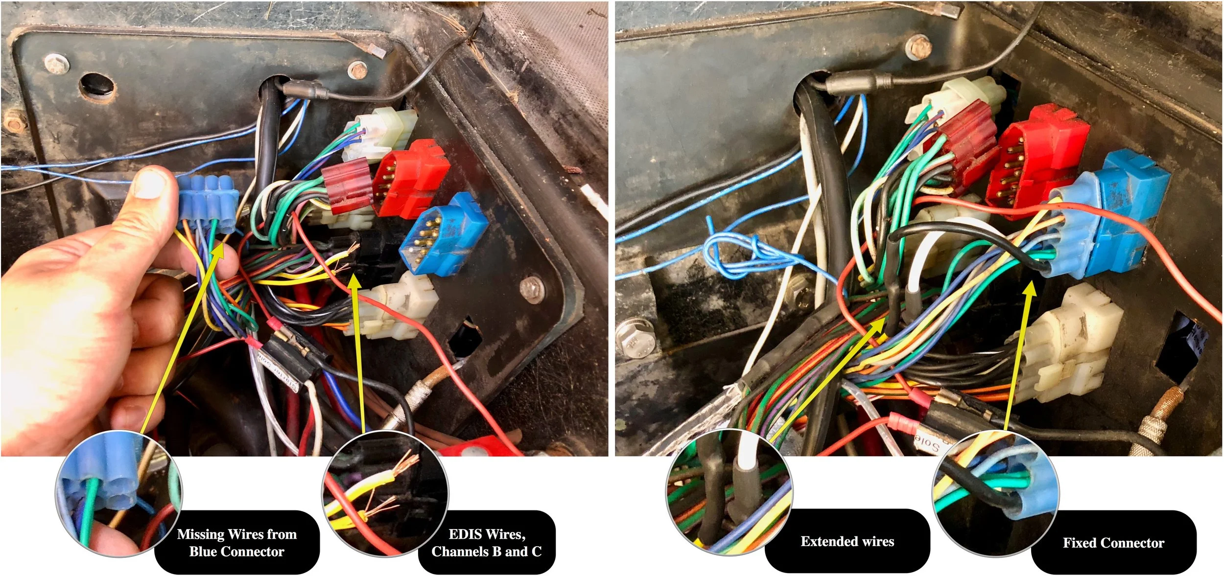 Fixing the EDIS B and C wires that had pulled out of the blue bulkhead connector.