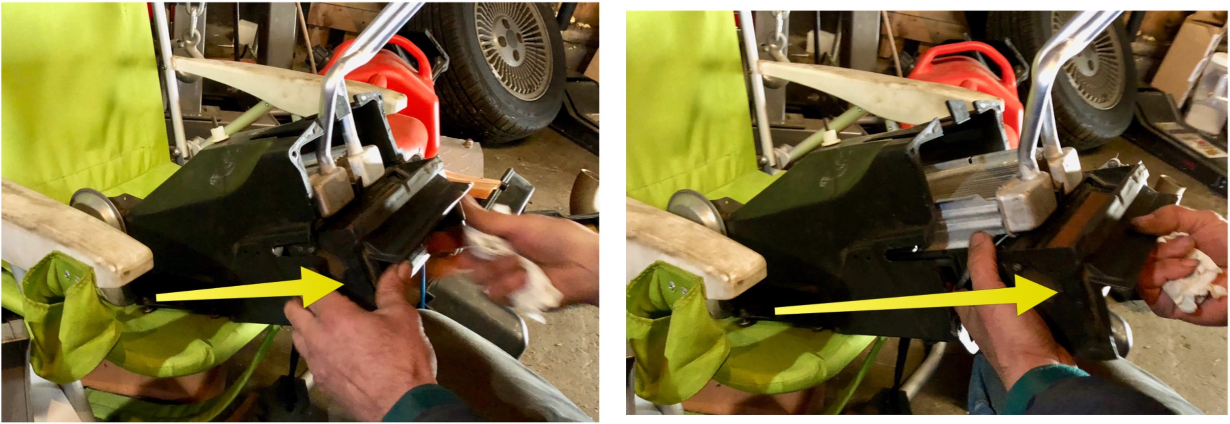 How the heater core comes out. After removing the caulking and the two screws on the back end that secure it, you can slide the whole thing forward, removing the split flap and the core as a single unit. The third screw mounts a small bracket between the pipes that holds the core itself in place.