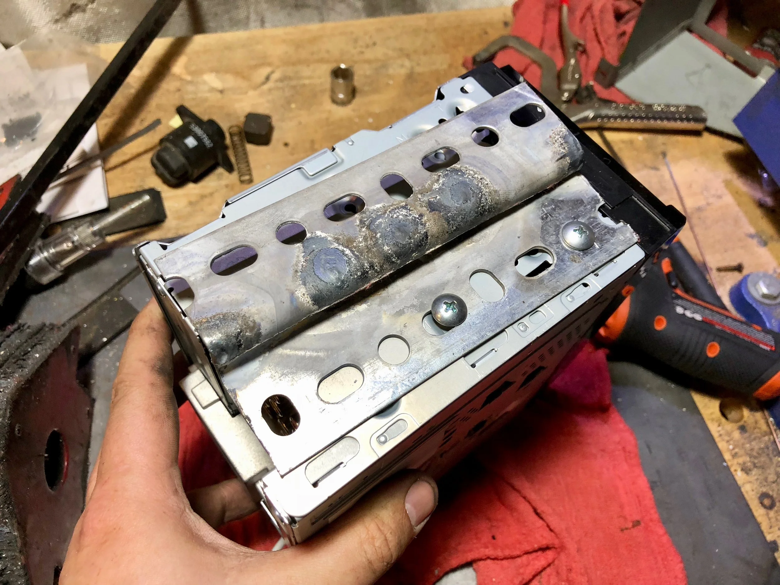 The installed bracket, before cutting longer slots for extra adjustments.