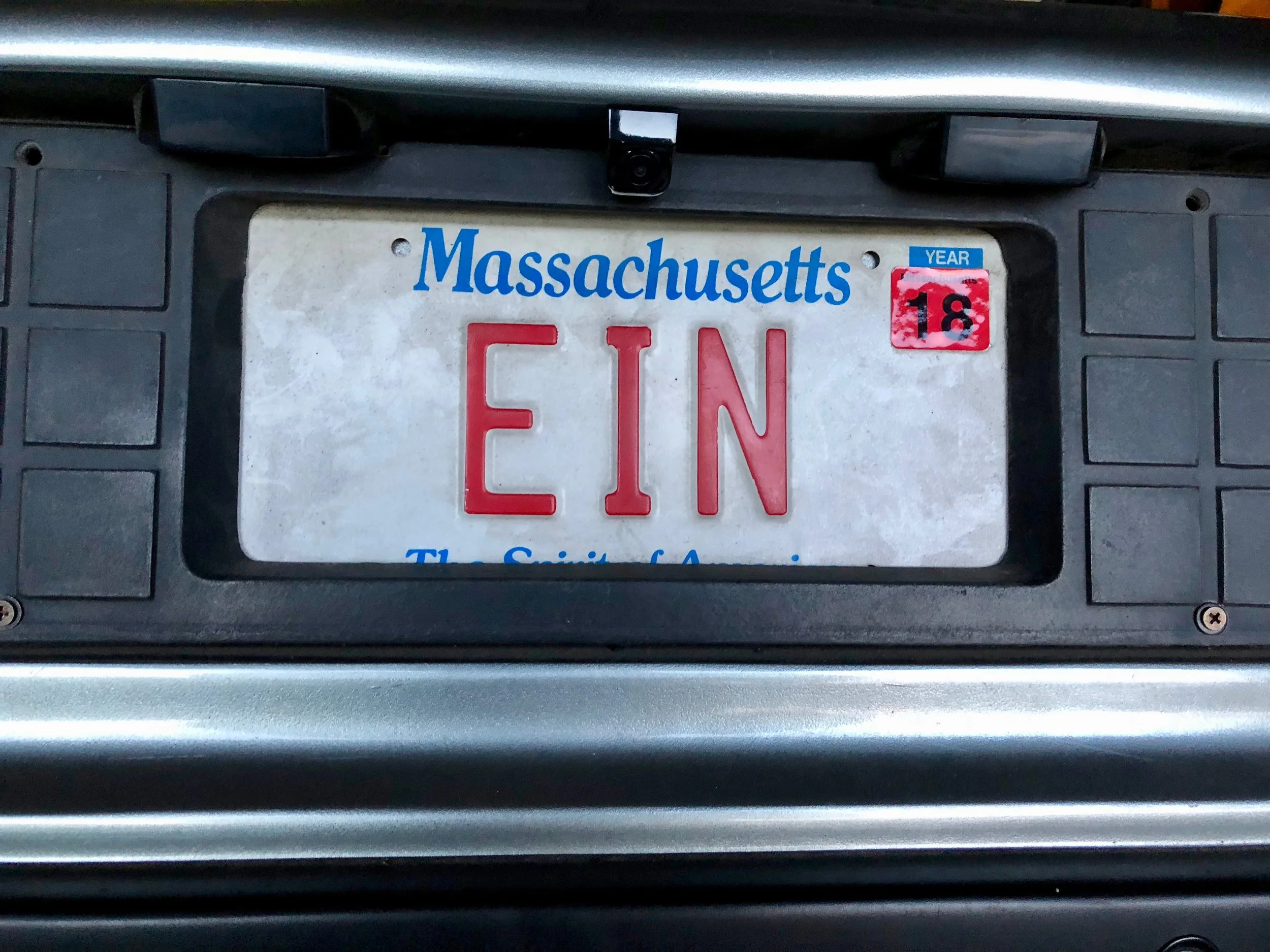 The backup camera installed above the license plate, centered between the lights.